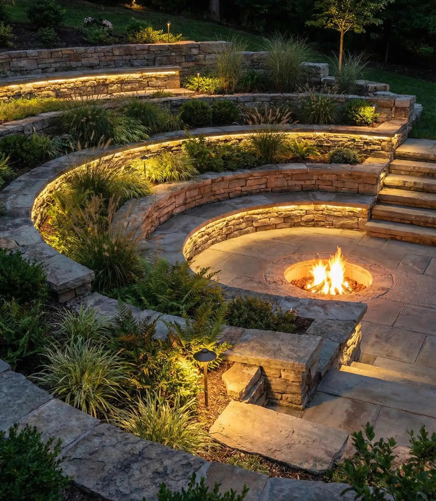 Sunken Fire Pit with Tiered Stone Seating 2