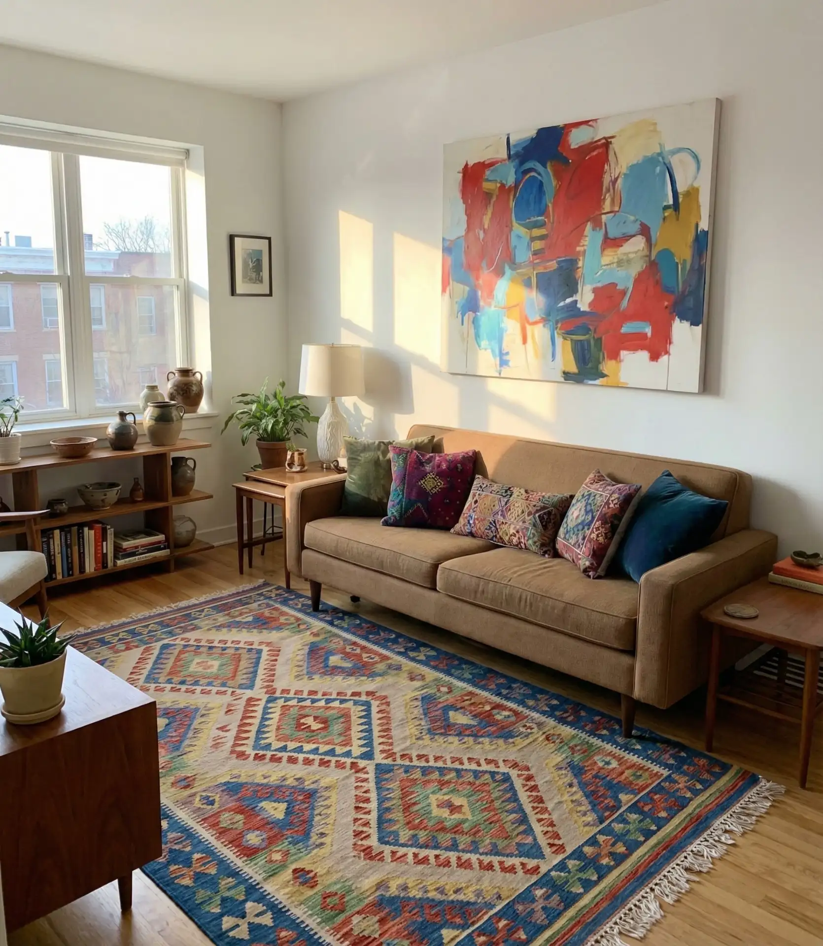 Tan Sofa Paired with Colorful Statement Pieces 1