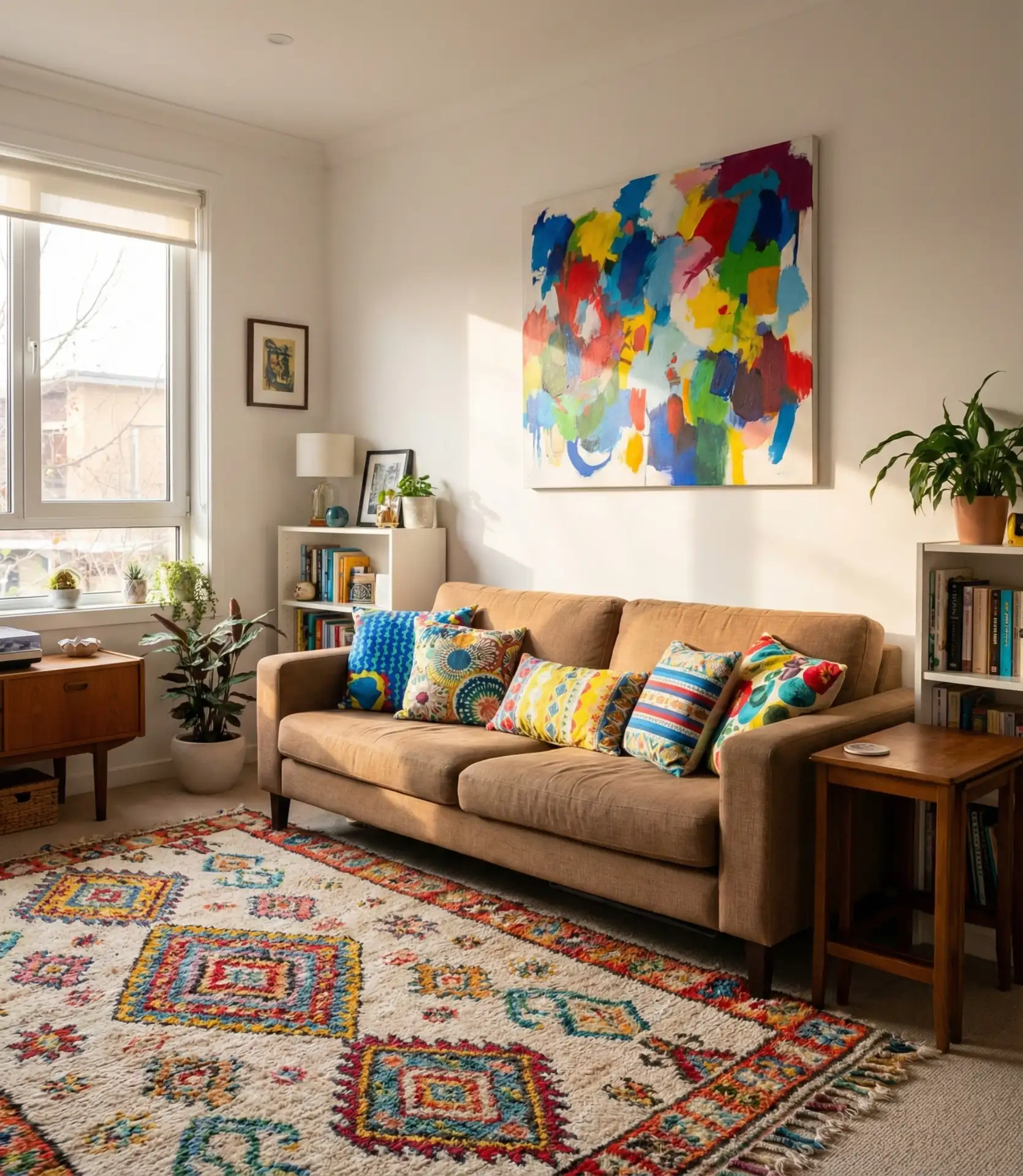 Tan Sofa Paired with Colorful Statement Pieces 2