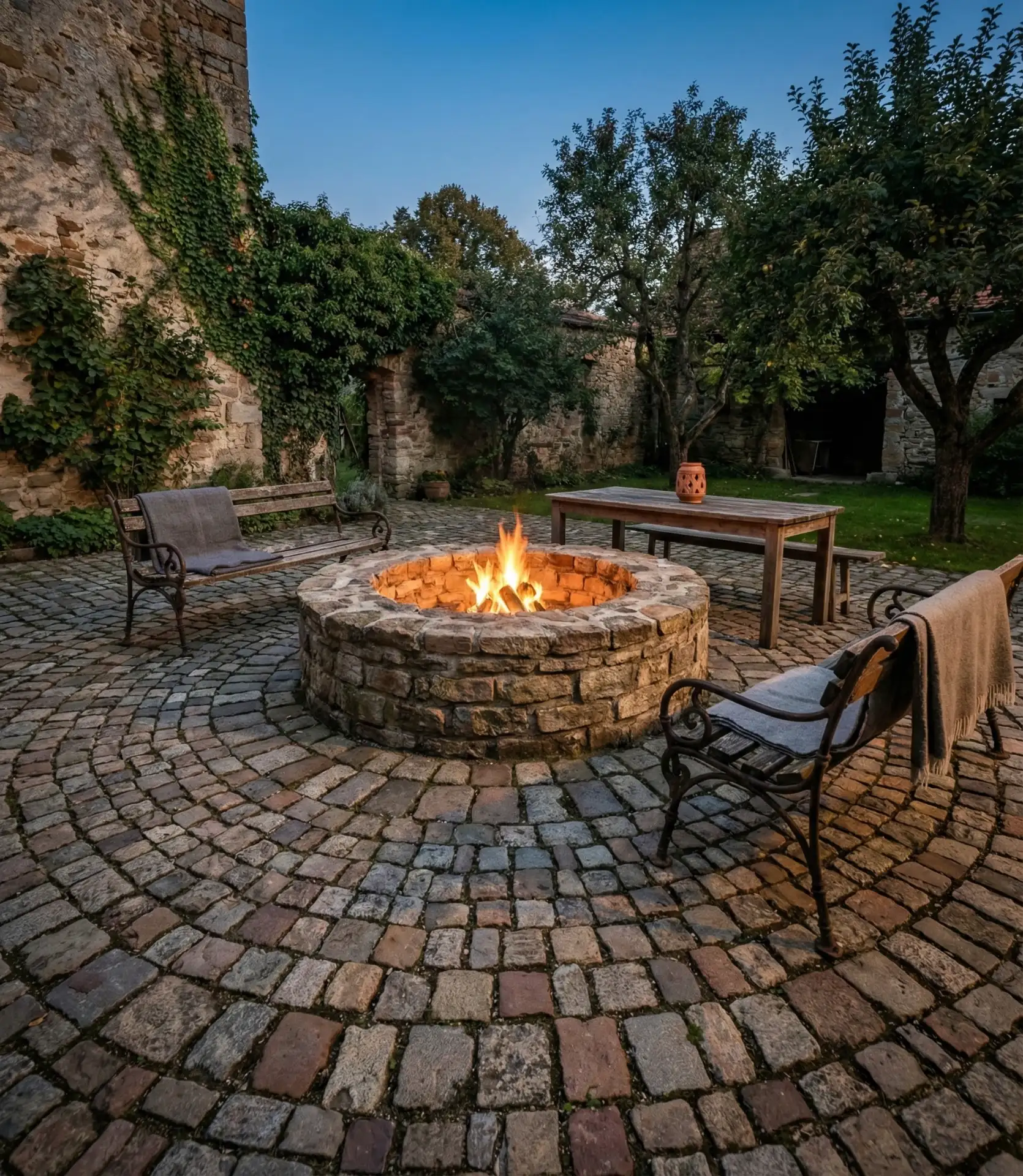 Traditional Fire Pit with Cobblestone Apron 1