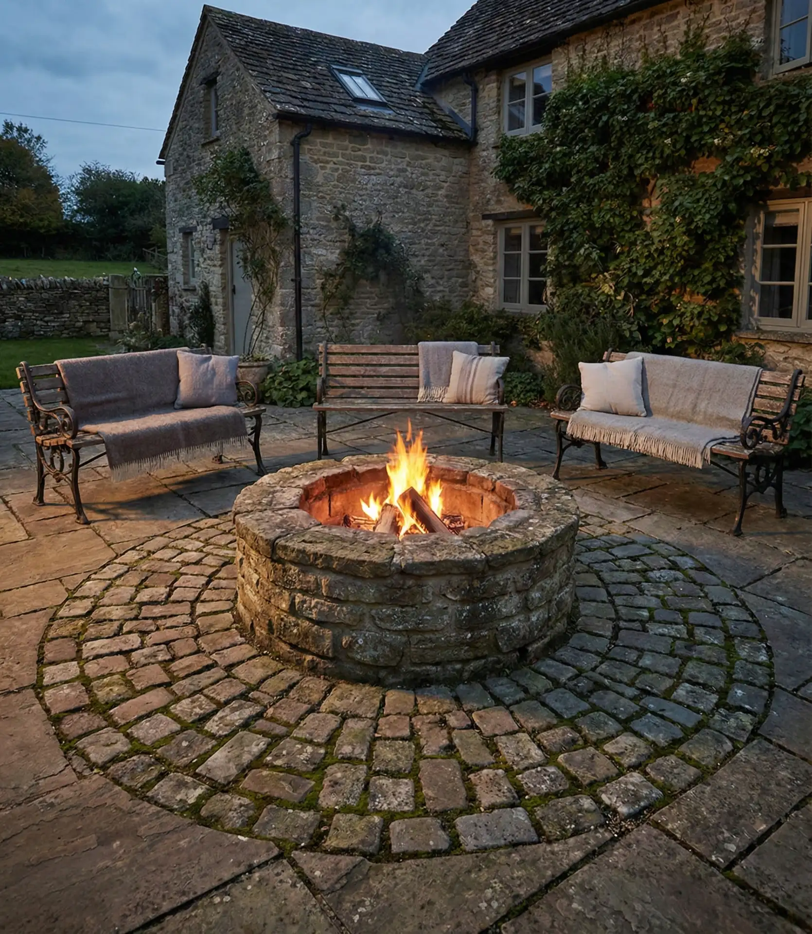 Traditional Fire Pit with Cobblestone Apron 2