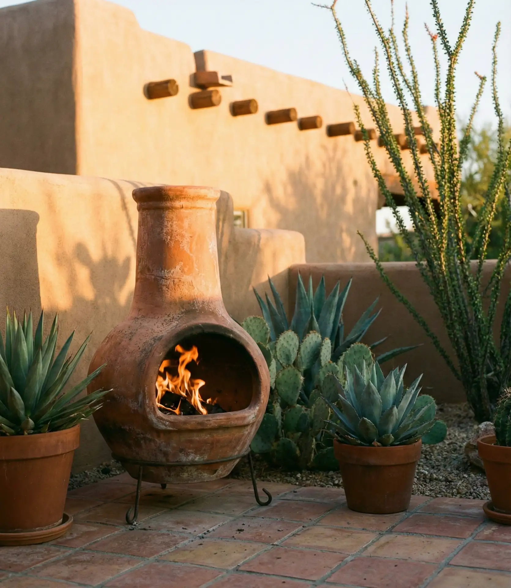 Adobe-Style Clay Chiminea in Southwestern Patio 1