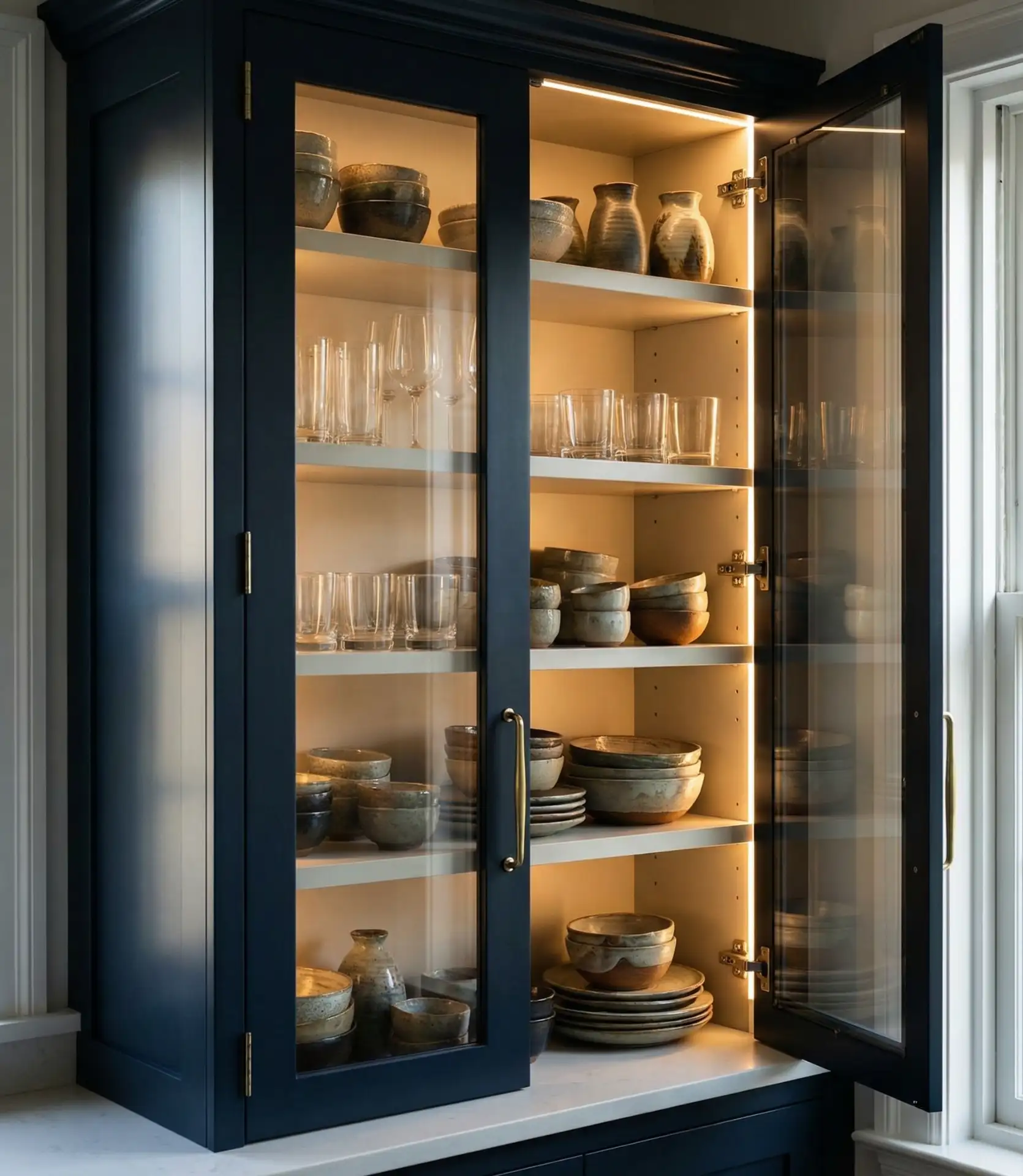 Aesthetic Glass-Front Upper Cabinets with Interior Lighting 2
