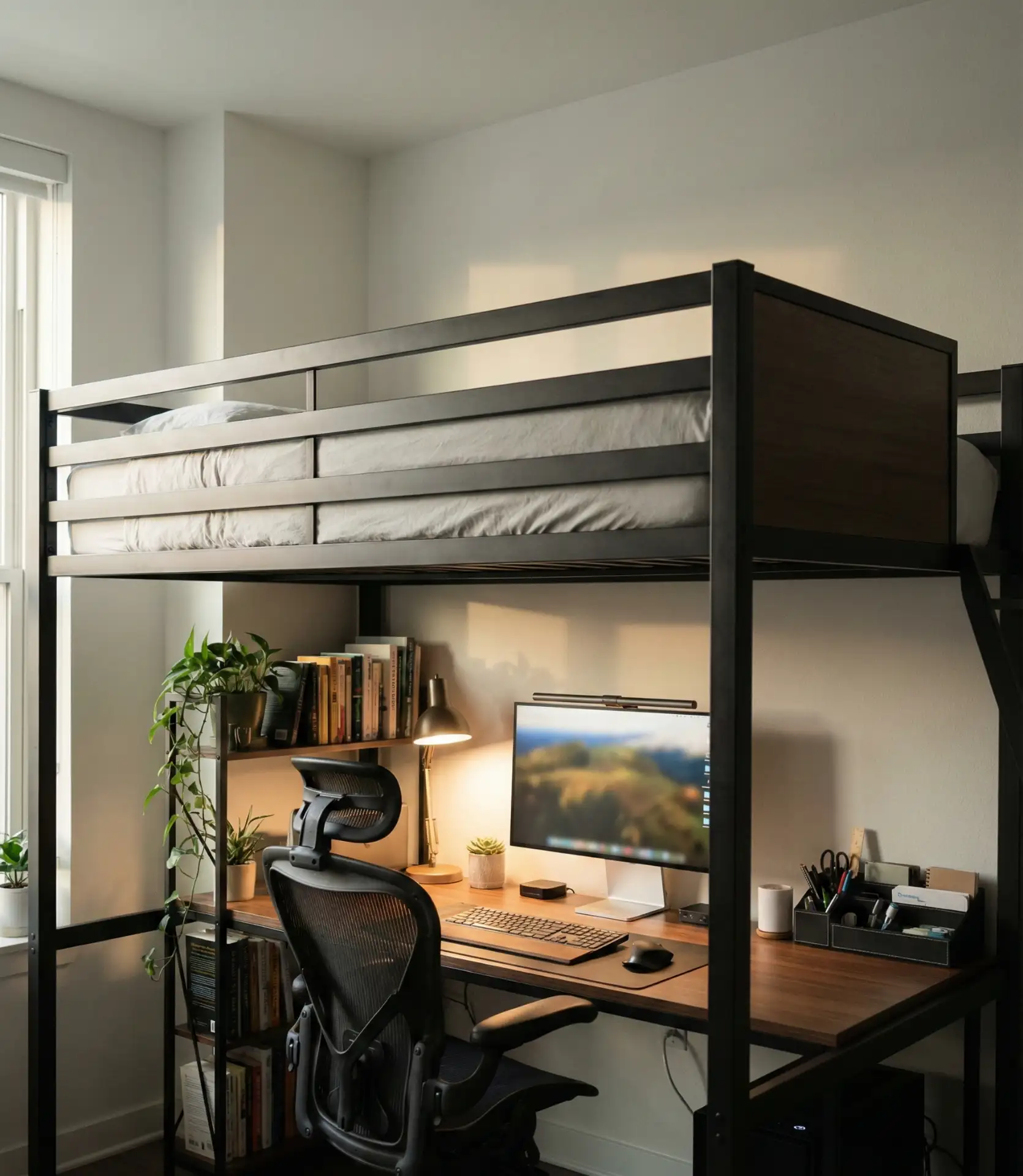 Bedroom with Loft Bed and Workspace 1