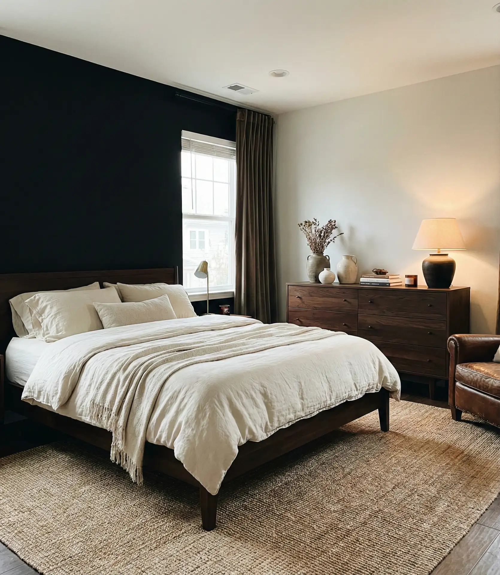 Black Accent Wall with Dark Brown Furniture for Layered Depth 2