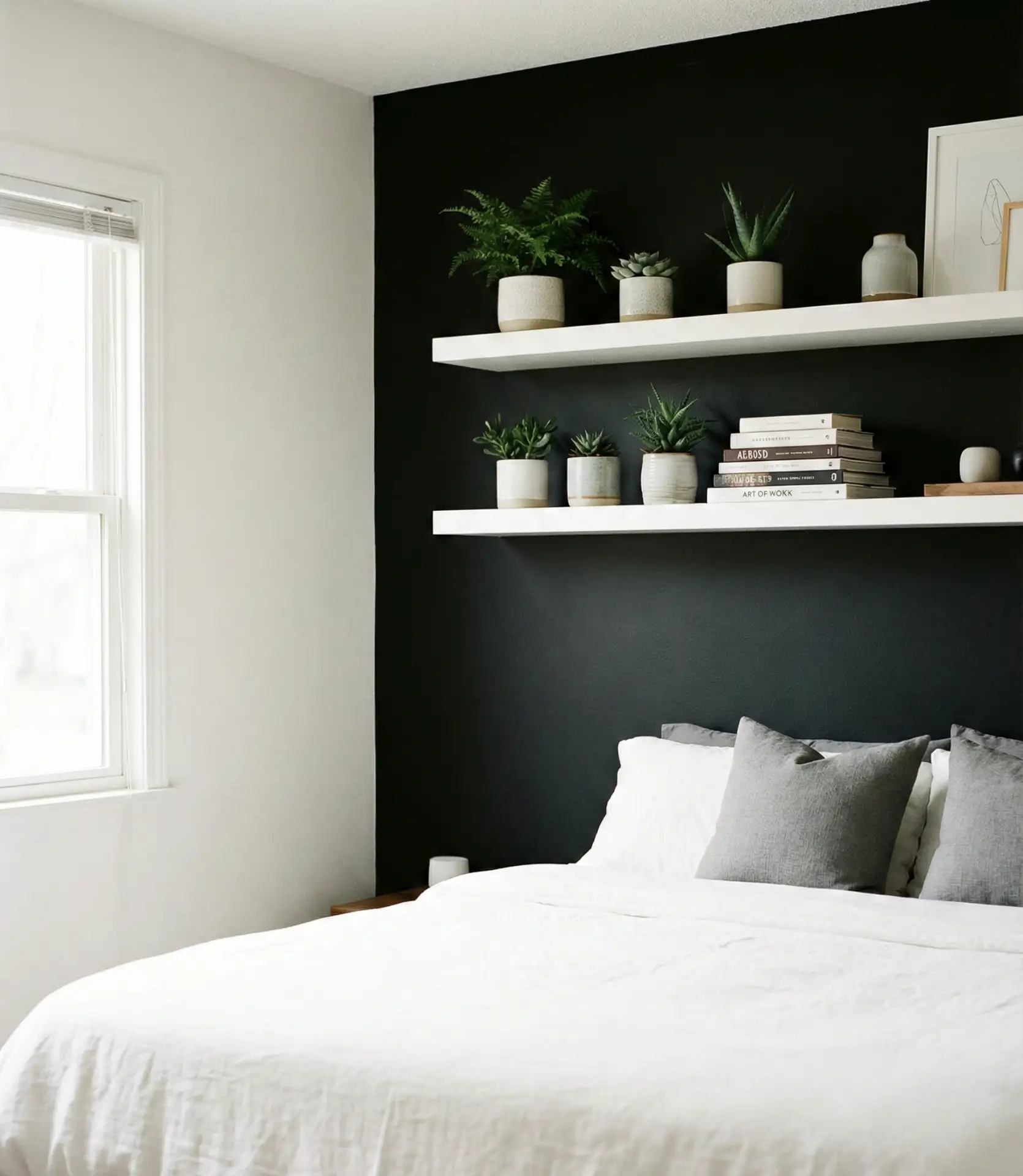 Black Accent Wall with Floating Shelves for Display 1