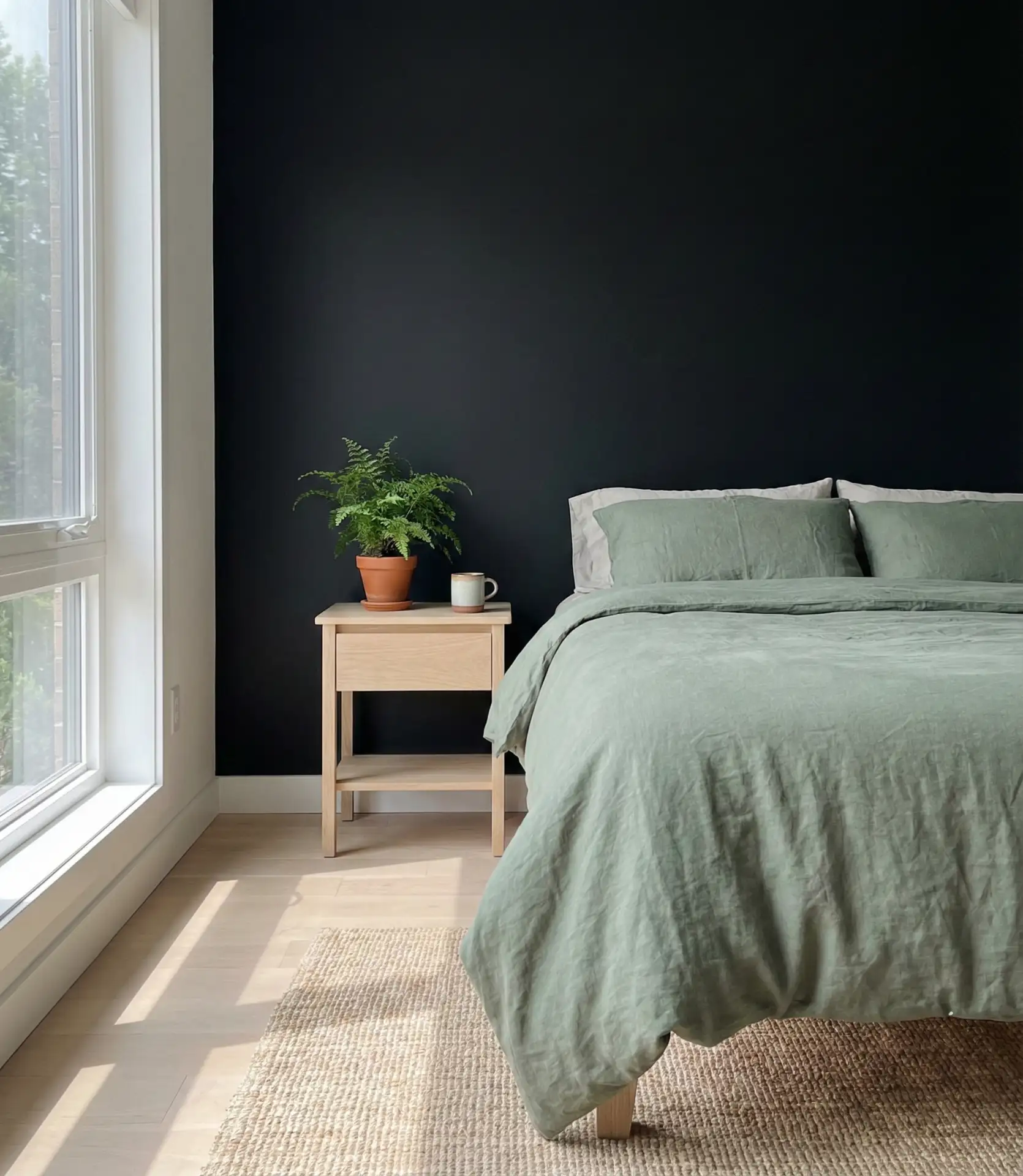Black Accent Wall with Green Bedding for a Fresh Contrast 2