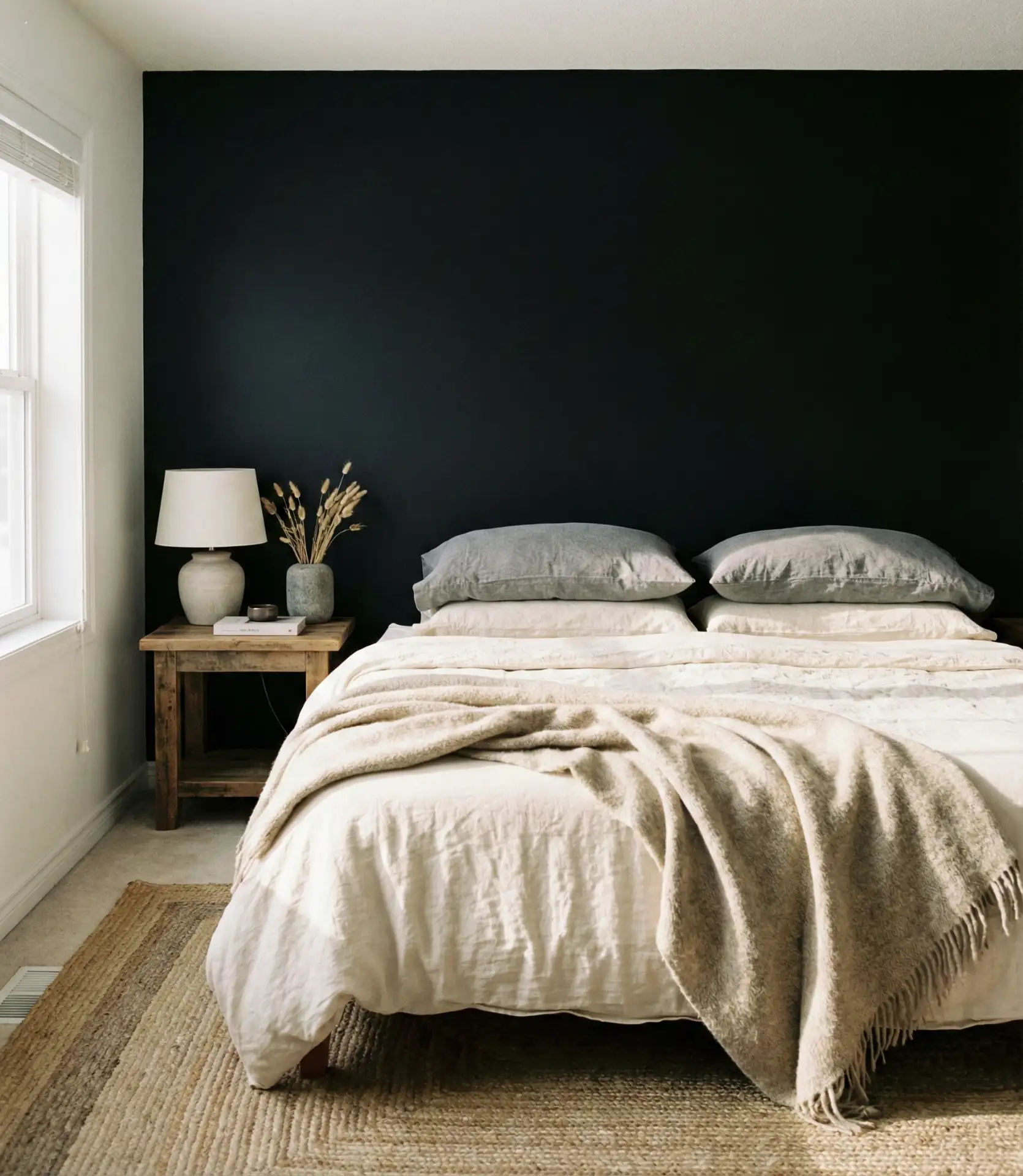 Black Accent Wall with Layered Neutral Textiles 1