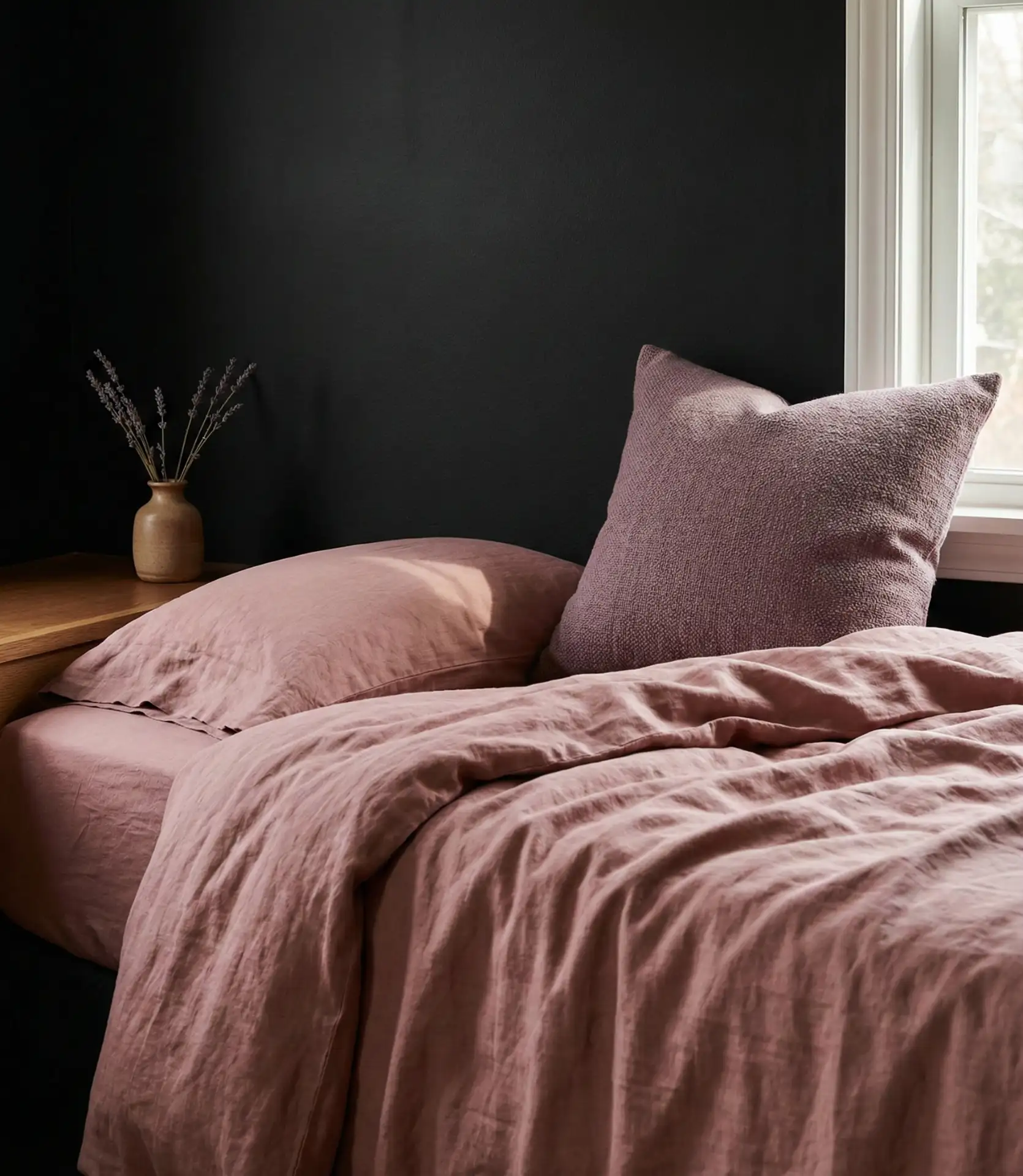 Black Accent Wall with Pink Bedding and Decor 1