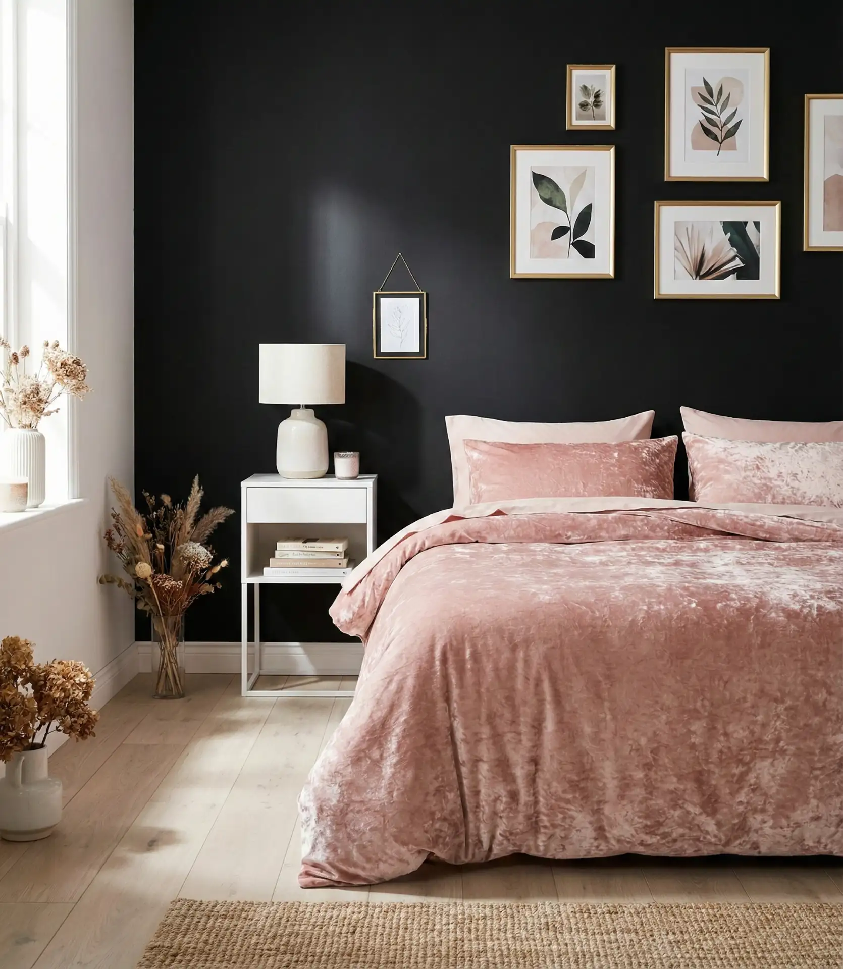 Black Accent Wall with Pink Bedding and Decor 2