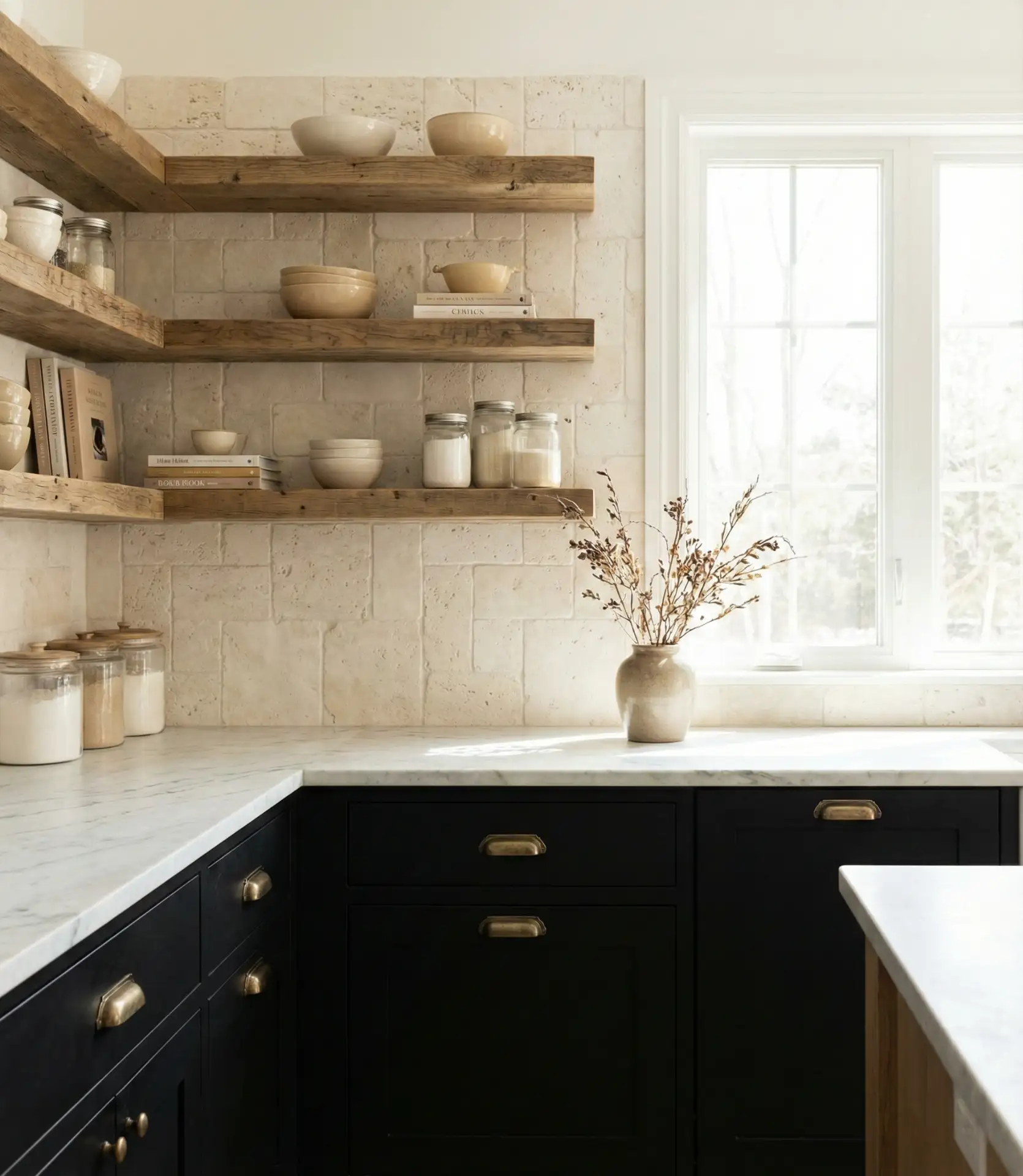 Black Cabinets with Beige Backsplash 1