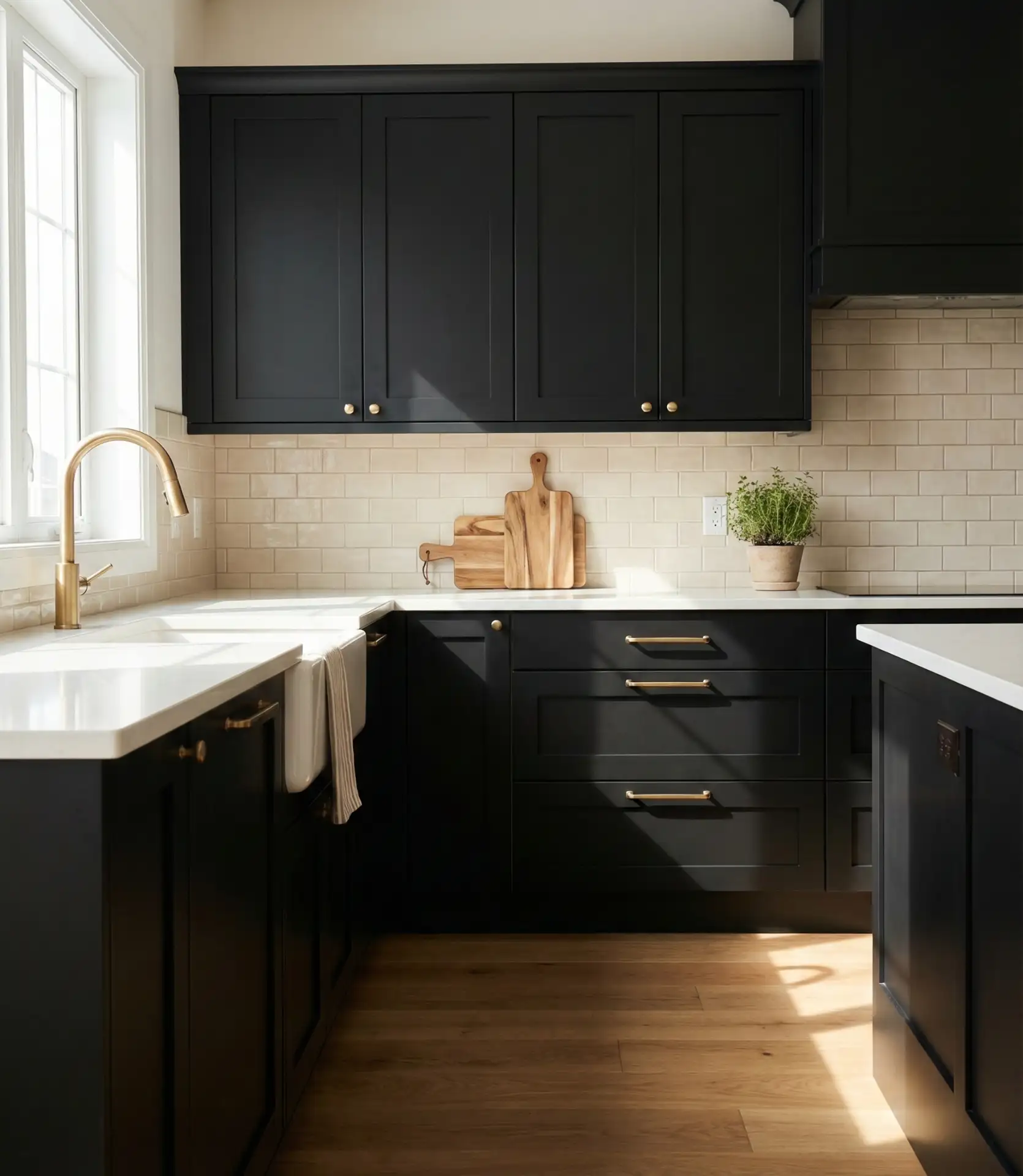 Black Cabinets with Beige Backsplash 2