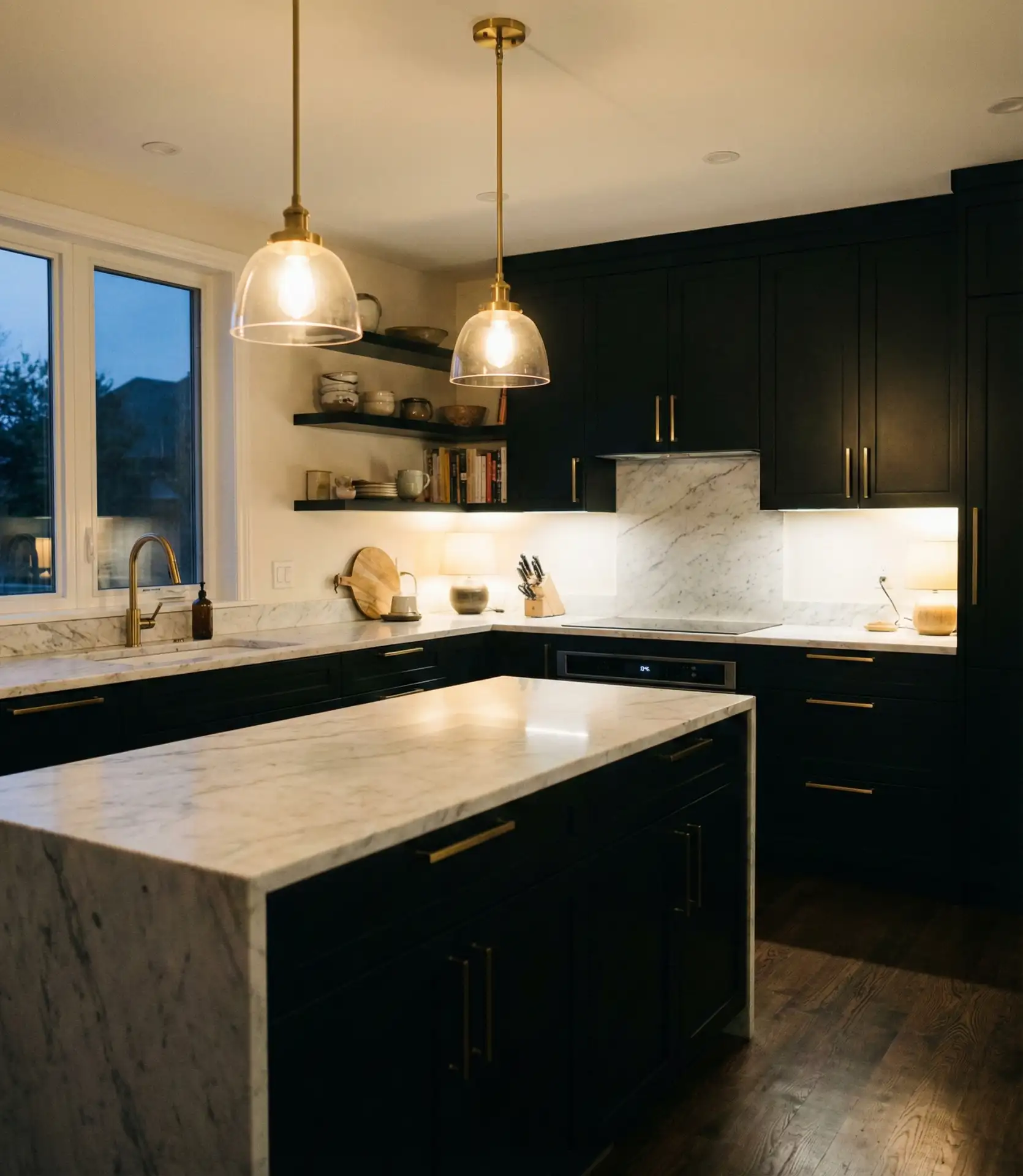 Black Cabinets with Brass Handles and Warm Lighting 1
