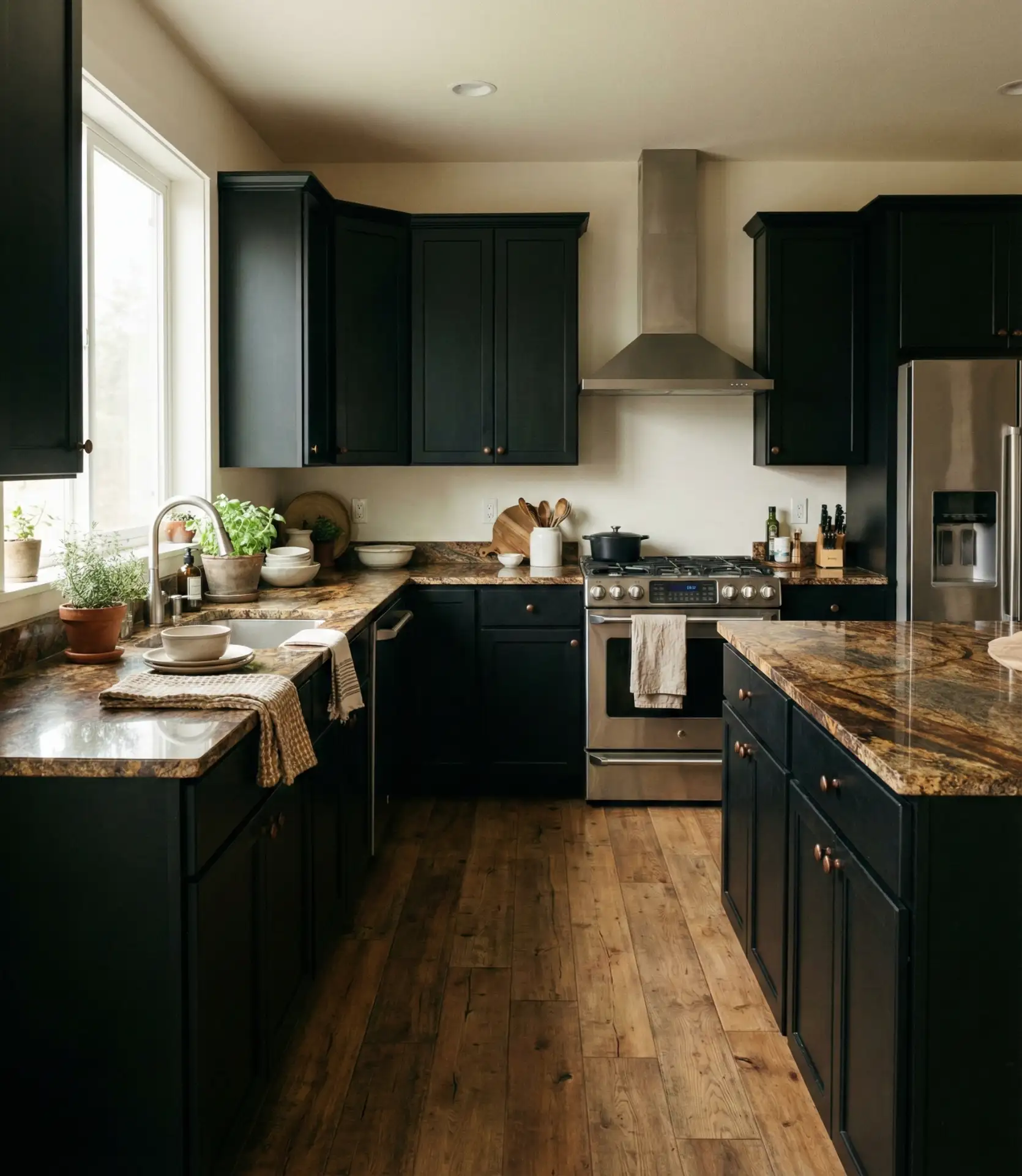 Black Cabinets with Brown Countertop 1