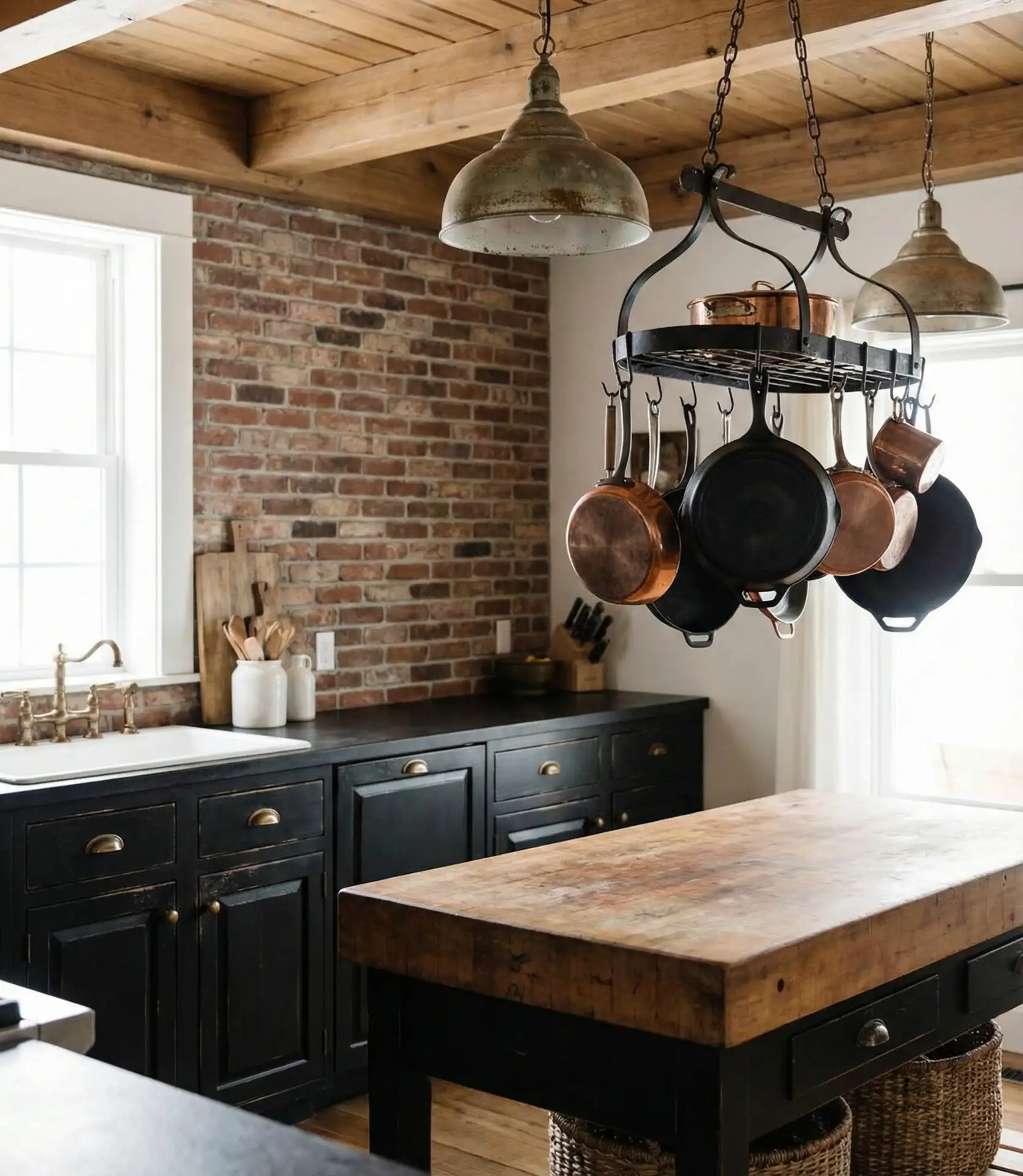 Black Cabinets with Butcher Block Counters in a Rustic Setting 1