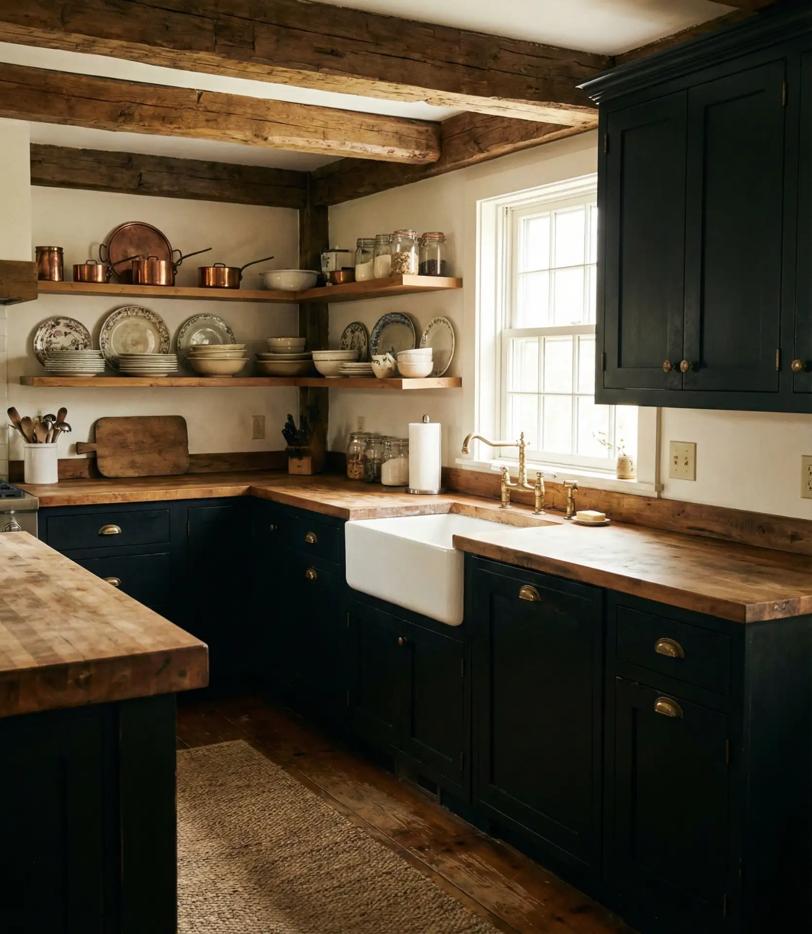 Black Cabinets with Butcher Block Counters in a Rustic Setting 2