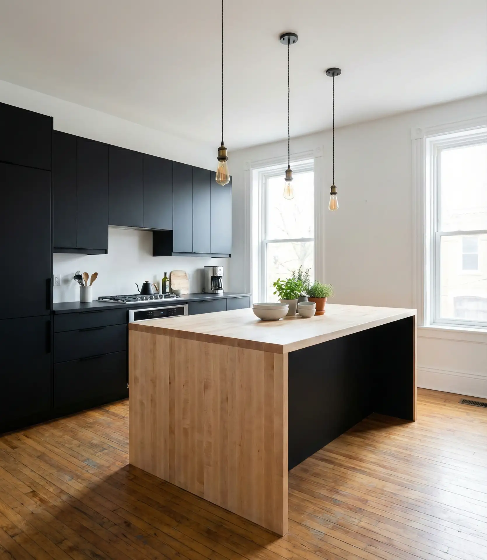 Black Cabinets with Light Wood Butcher Block Island 1