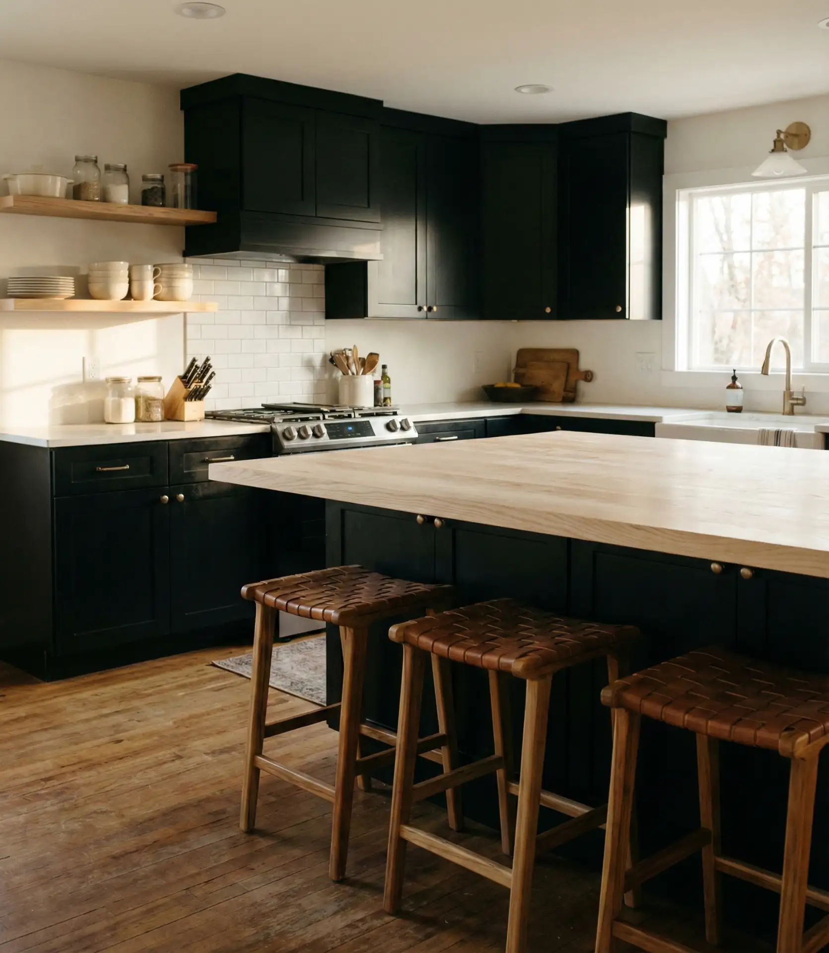 Black Cabinets with Light Wood Butcher Block Island 2