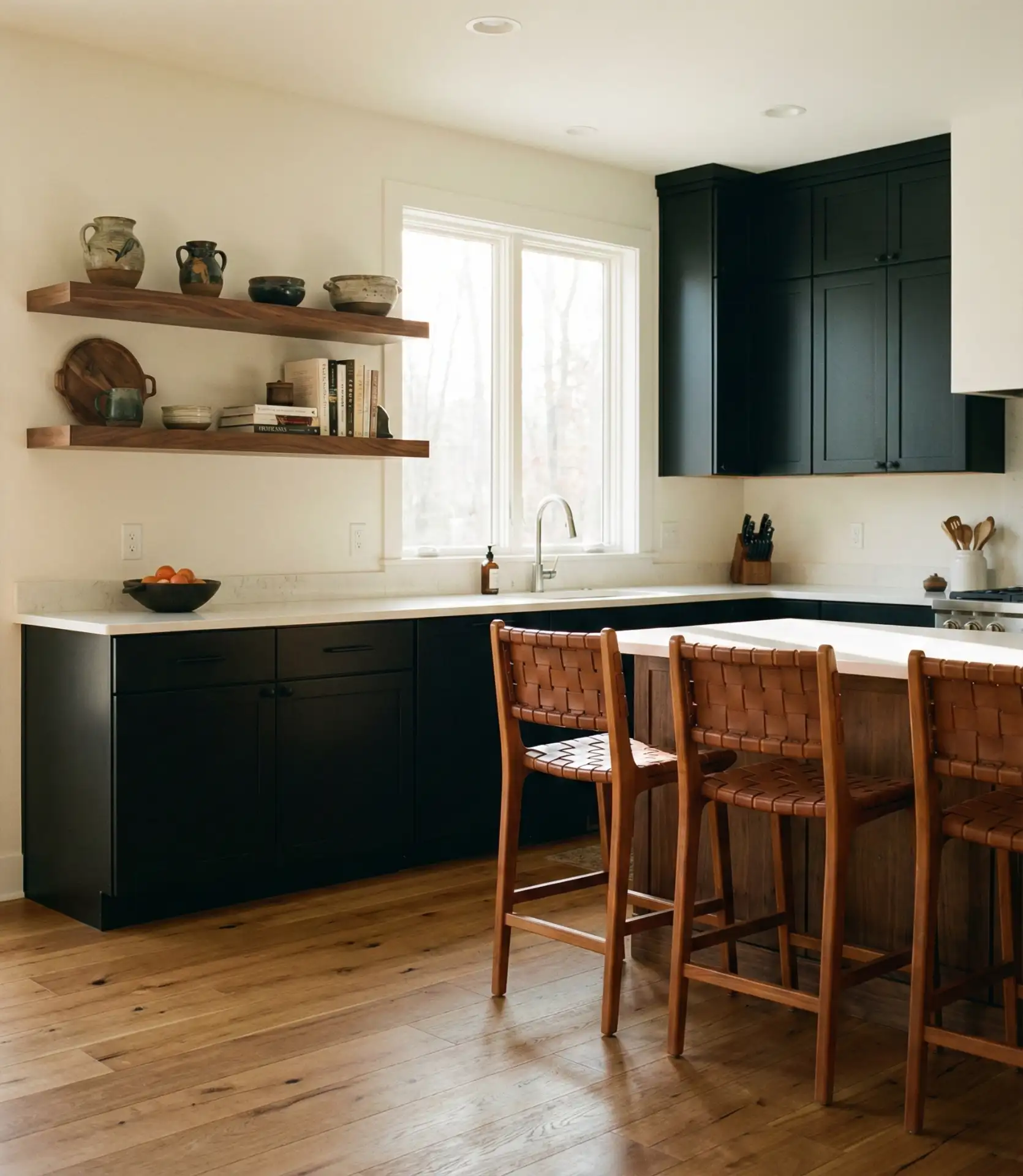 Black Cabinets with Mixed Wood Tones 1