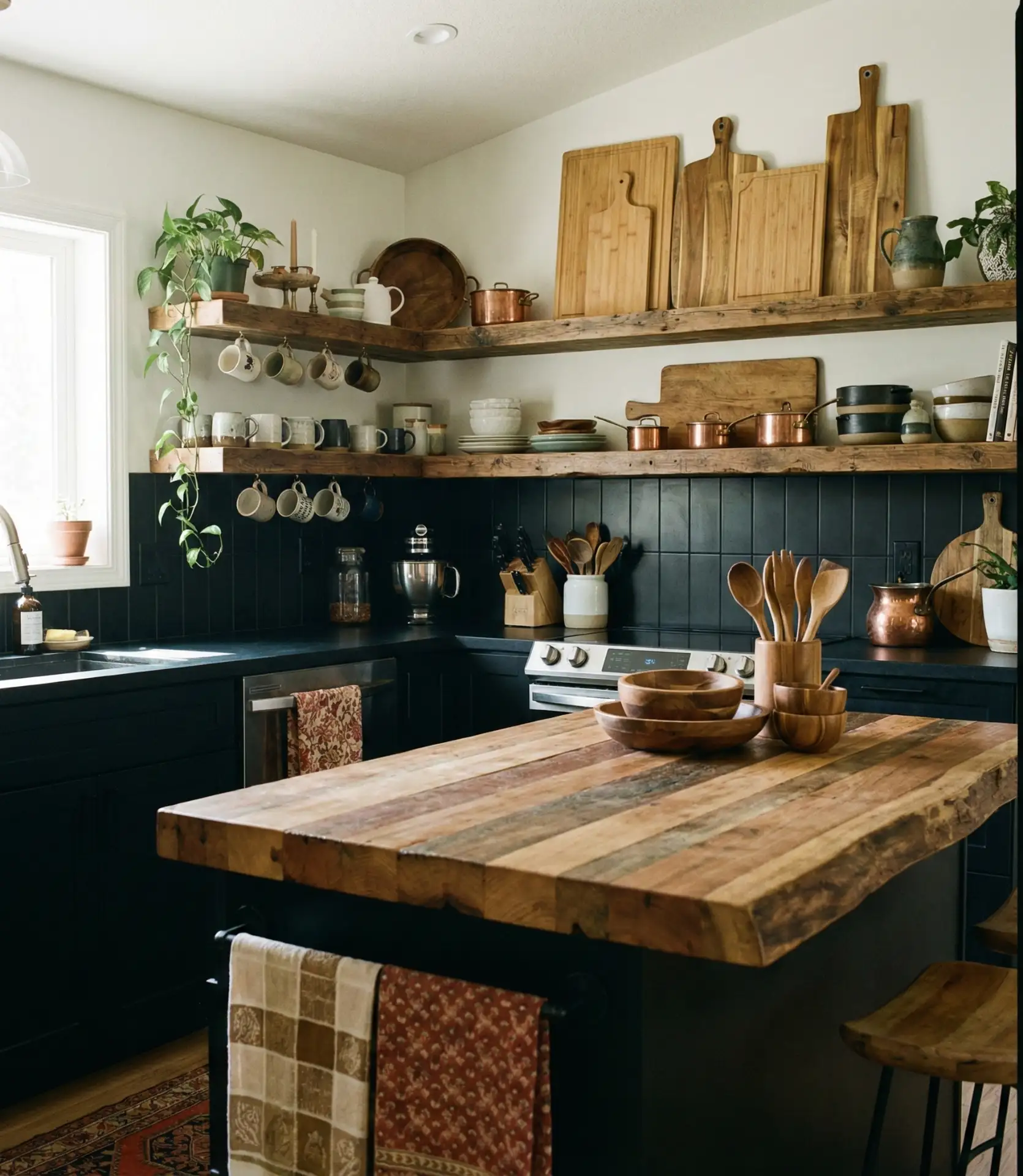Black Cabinets with Mixed Wood Tones 2