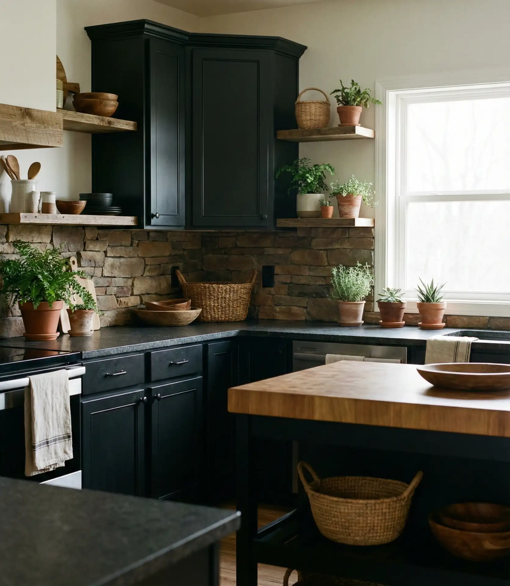 Black Cabinets with Natural Stone and Earthy Textures 1