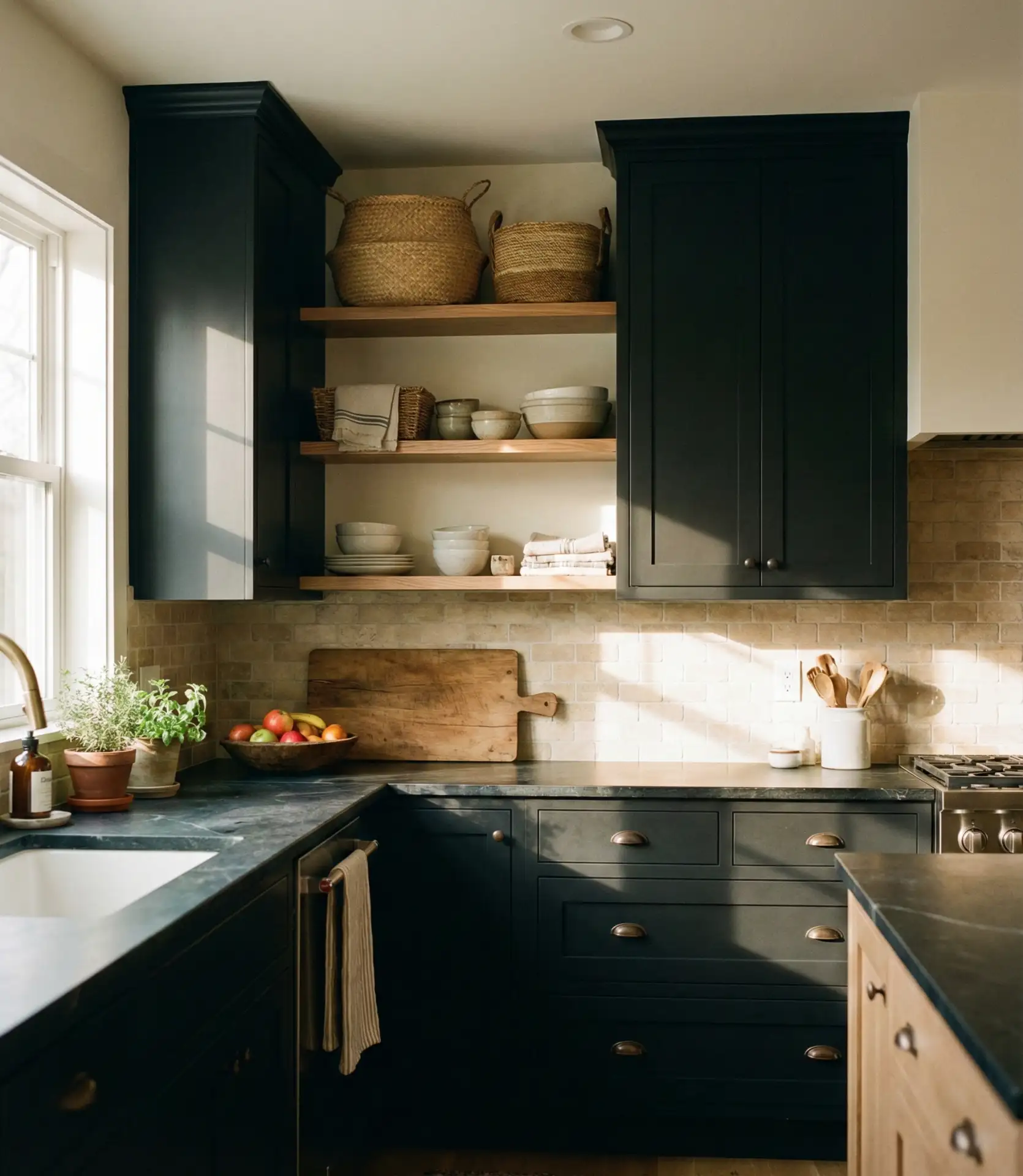 Black Cabinets with Natural Stone and Earthy Textures 2