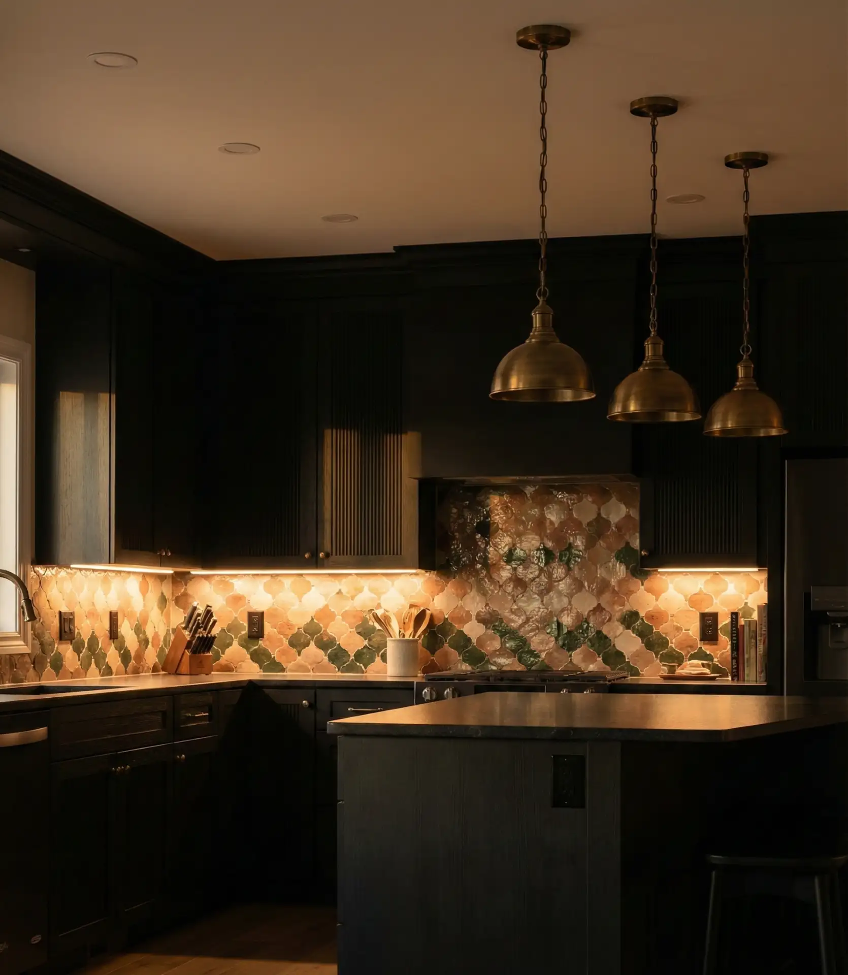 Black Cabinets with Textured Backsplash and Layered Lighting 1
