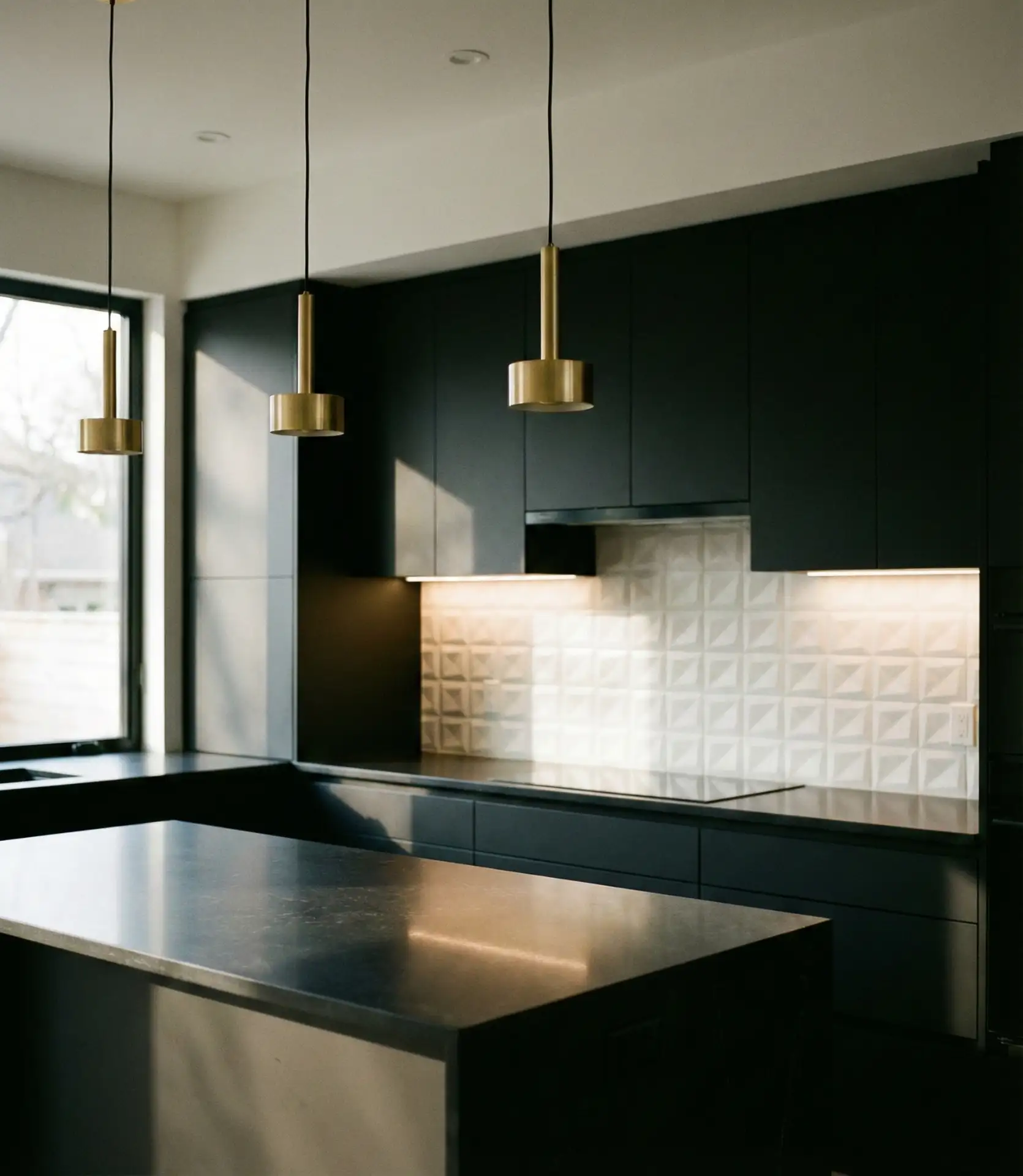 Black Cabinets with Textured Backsplash and Layered Lighting 2