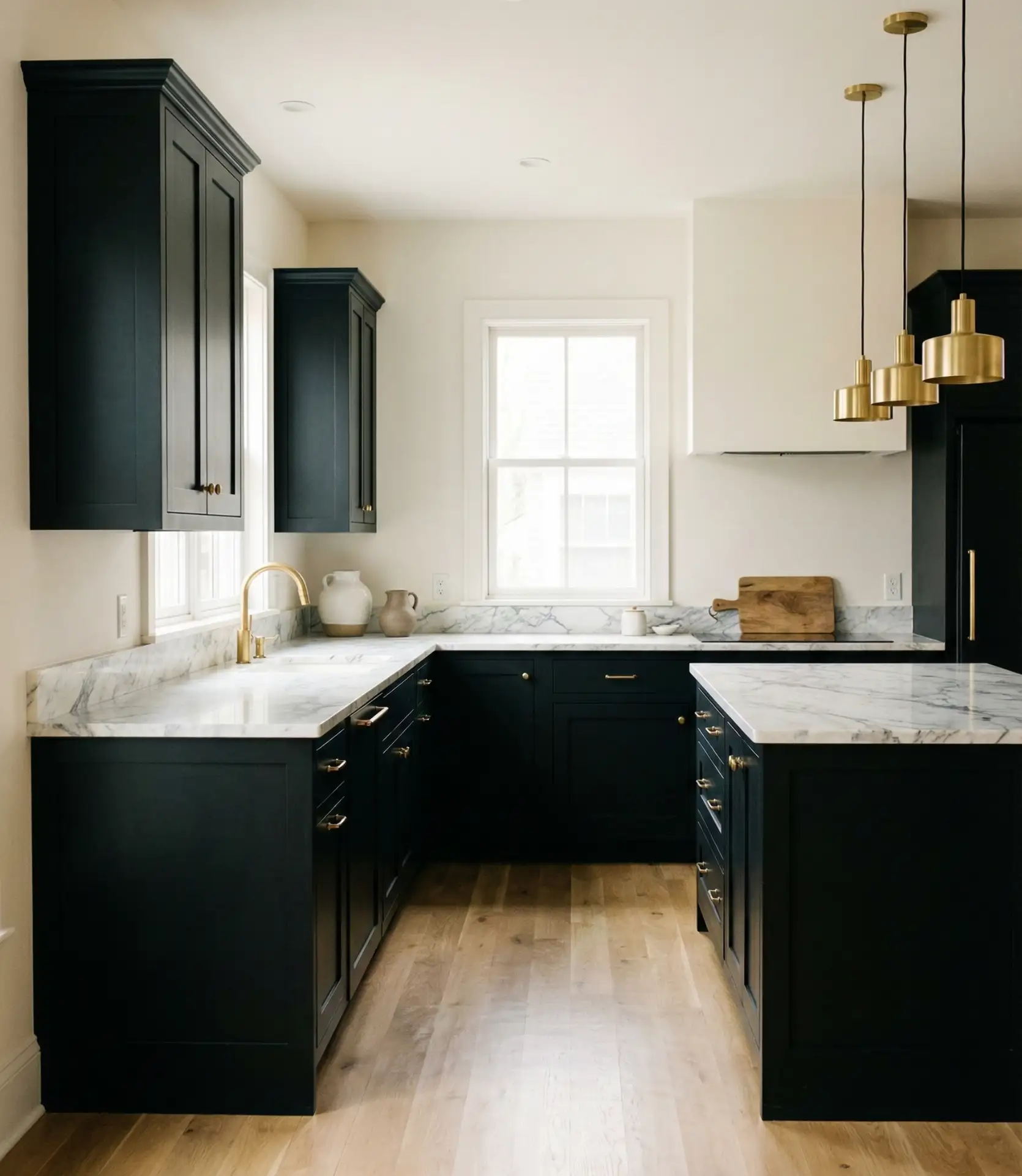 Black Cabinets with Warm White Walls for Drama 1