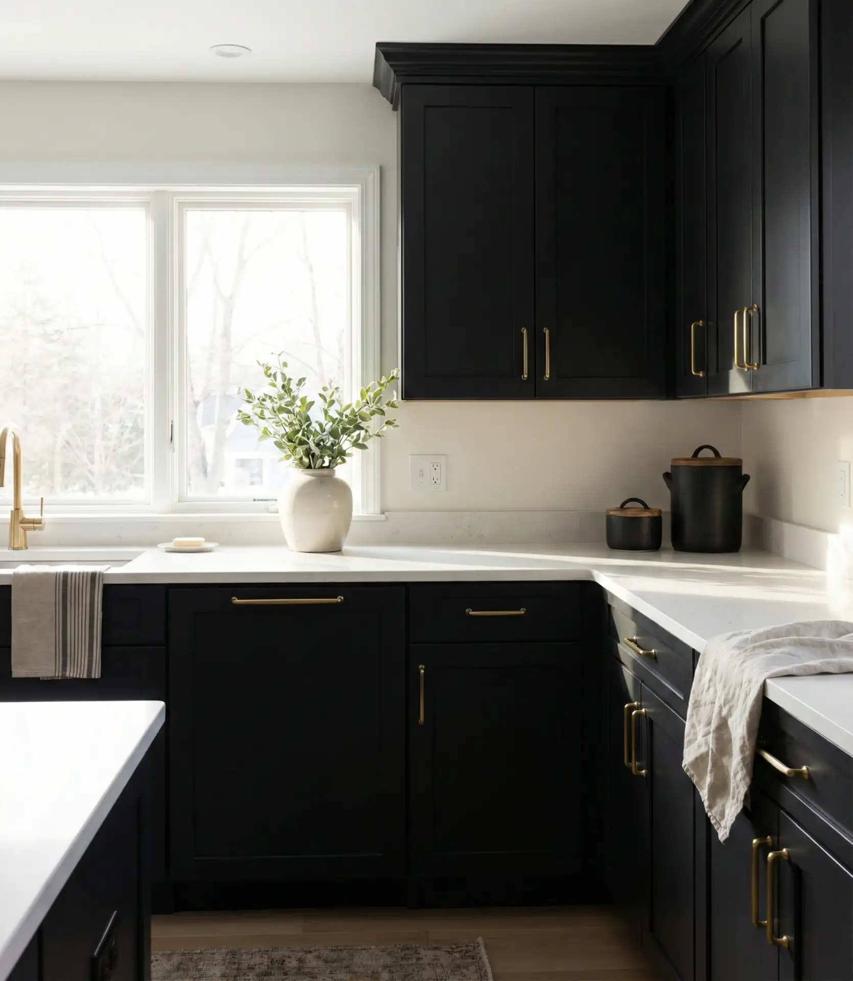 Black Cabinets with White Countertops and Gold Handles 1