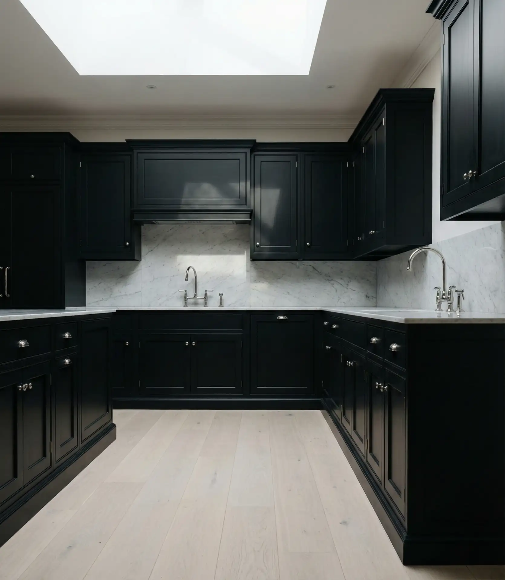 Black Cabinets with White Oak Flooring 1
