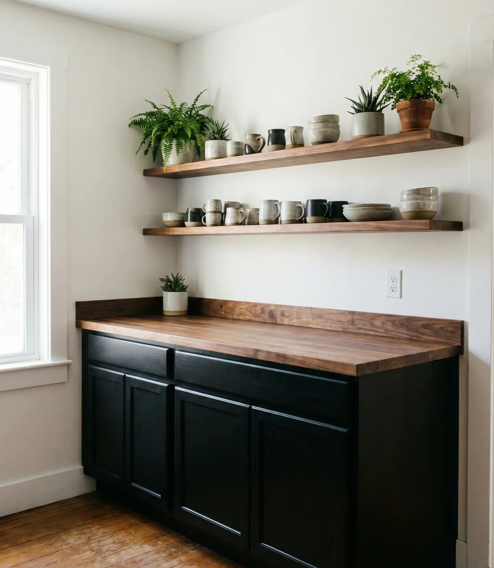 Black Cabinets with Wood Counter and Open Shelving 1
