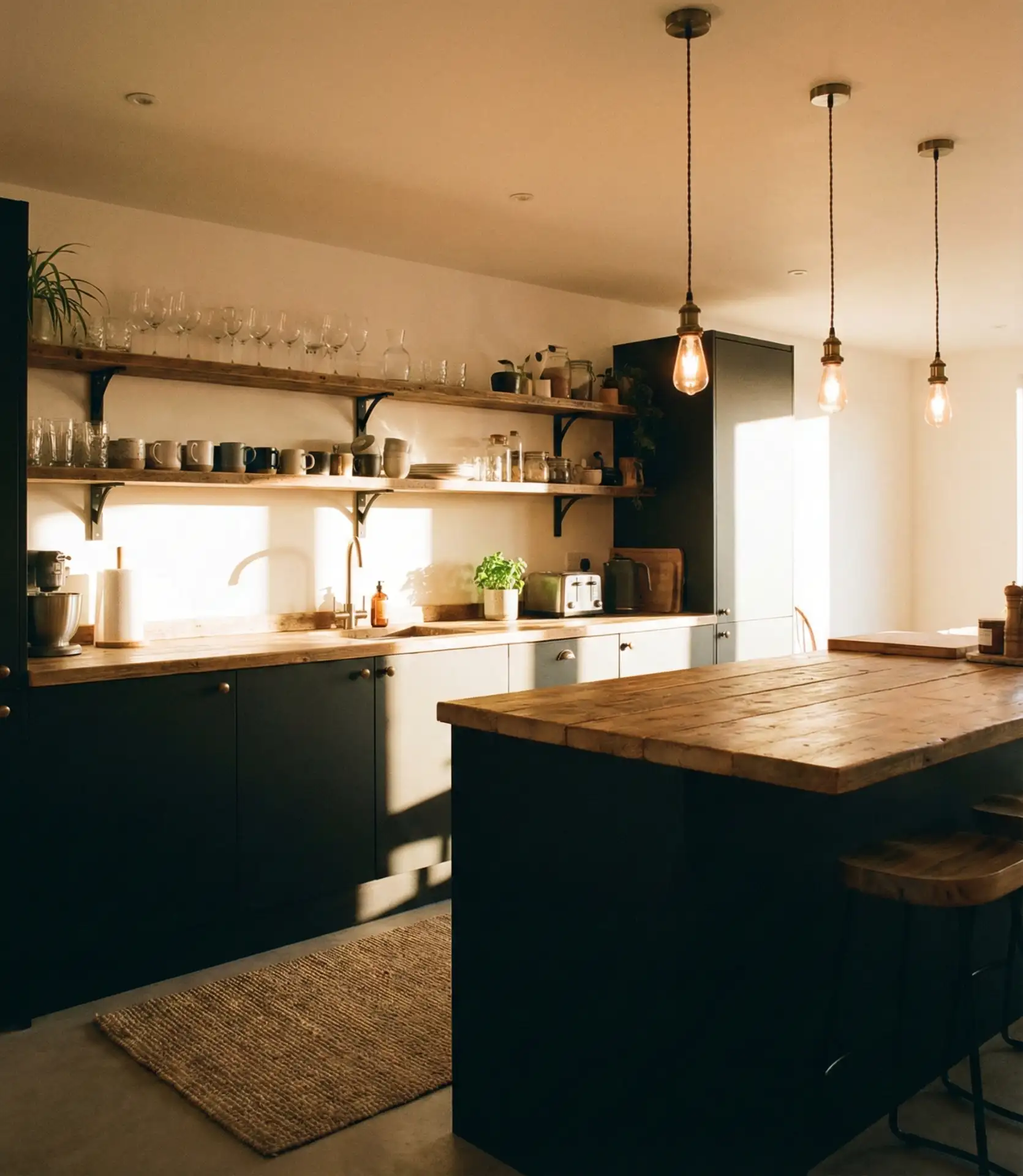 Black Cabinets with Wood Counter and Open Shelving 2
