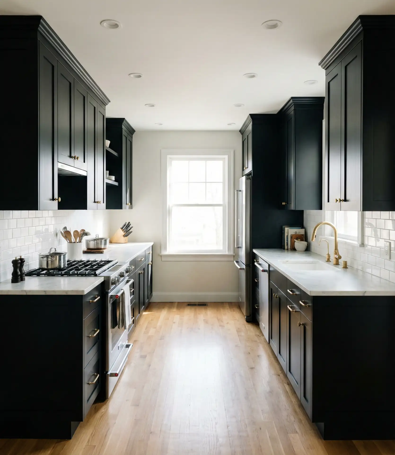Black Galley Kitchen with Dramatic Contrast 1