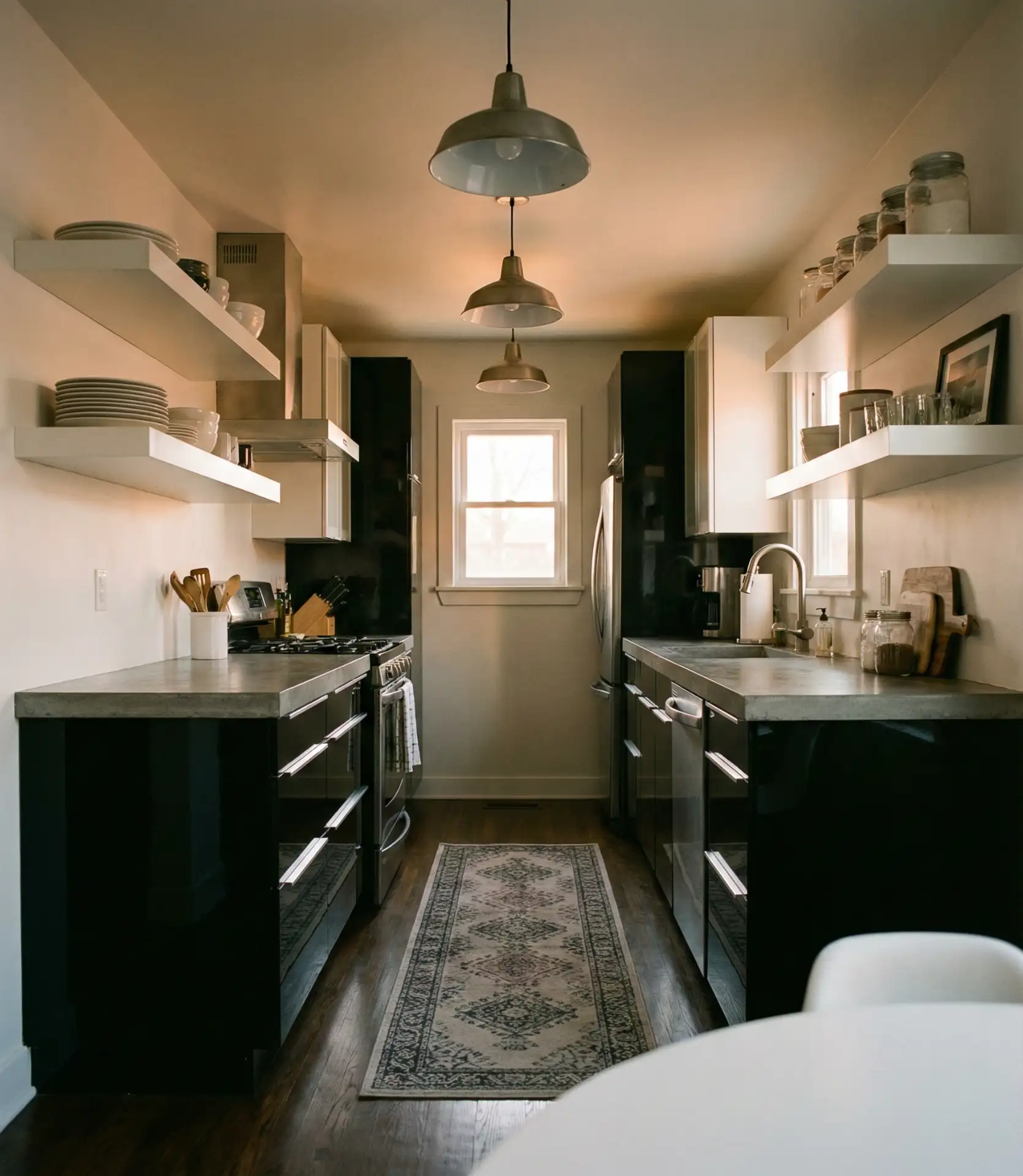 Black Galley Kitchen with Dramatic Contrast 2