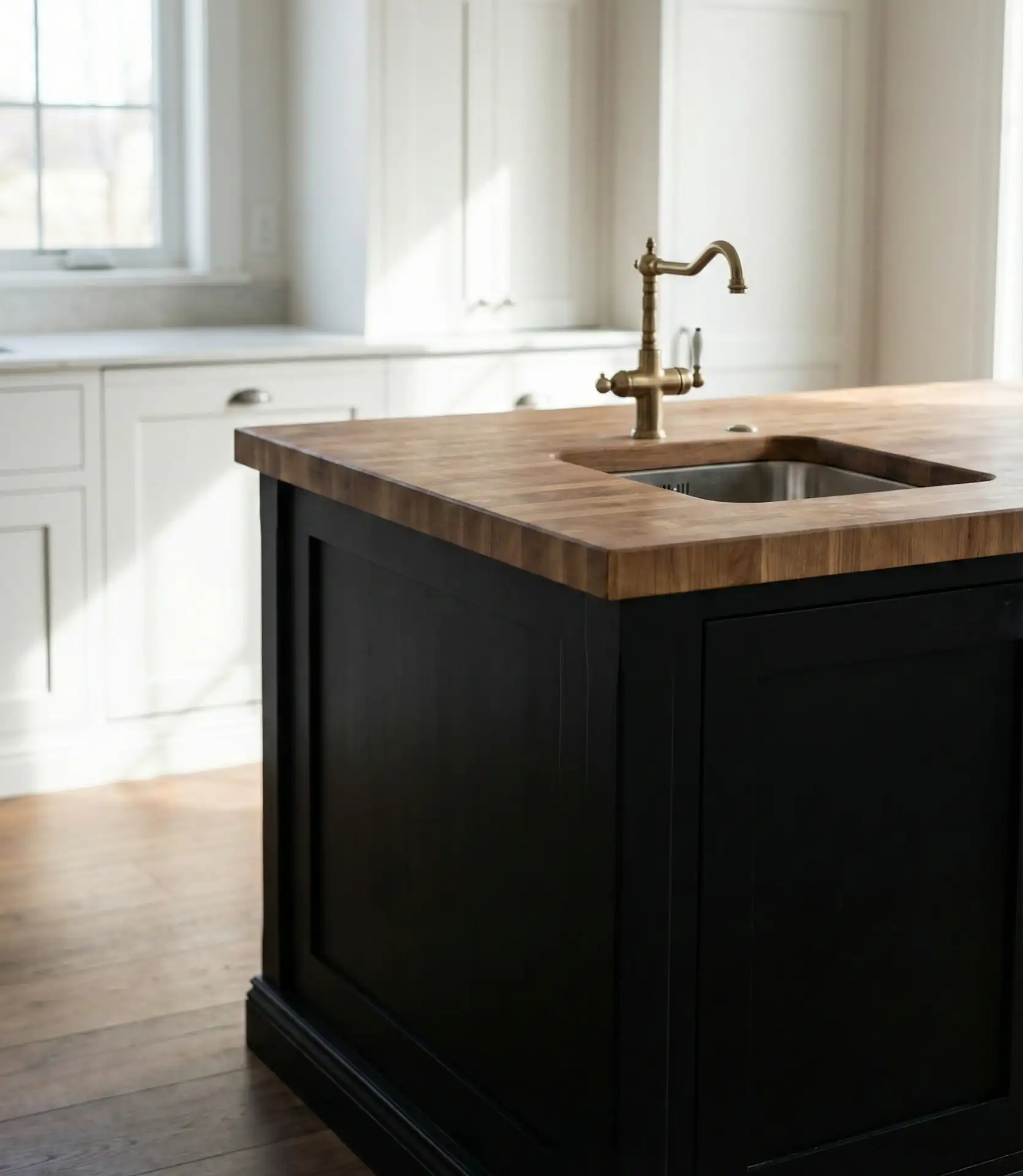 Black Island with White Perimeter Cabinets 2