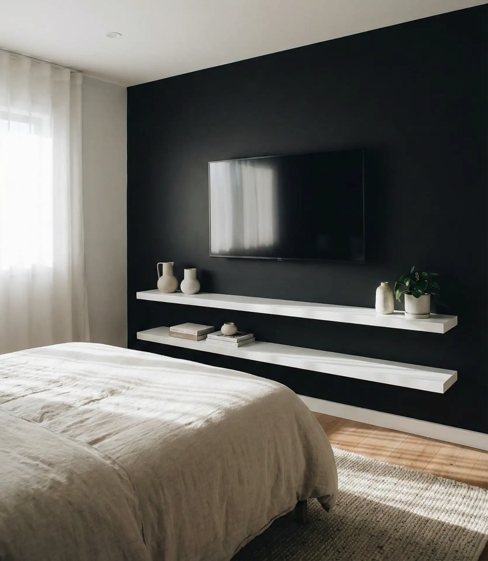 Black Wall with TV Mount and Minimalist Setup 1