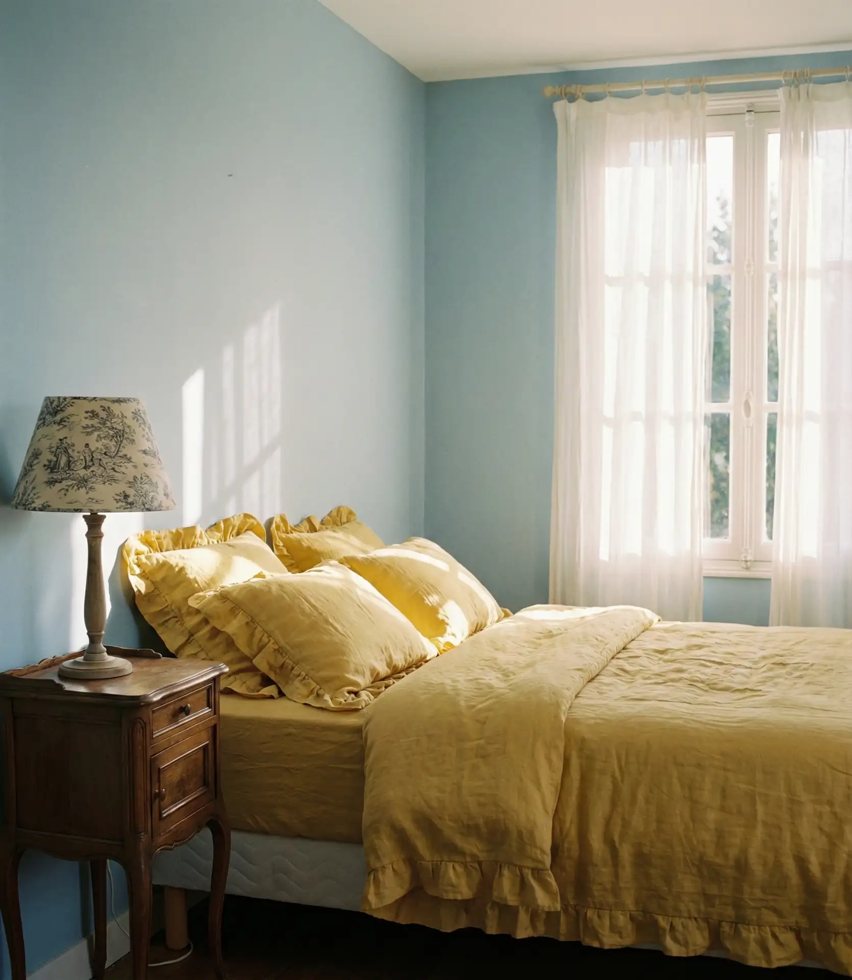 Blue and Yellow Bedroom with Toile Wallpaper 2