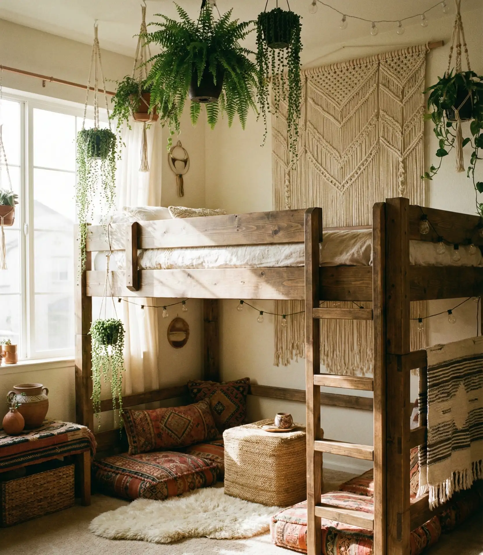 Bohemian Loft Bed with Macramé and Plants 1