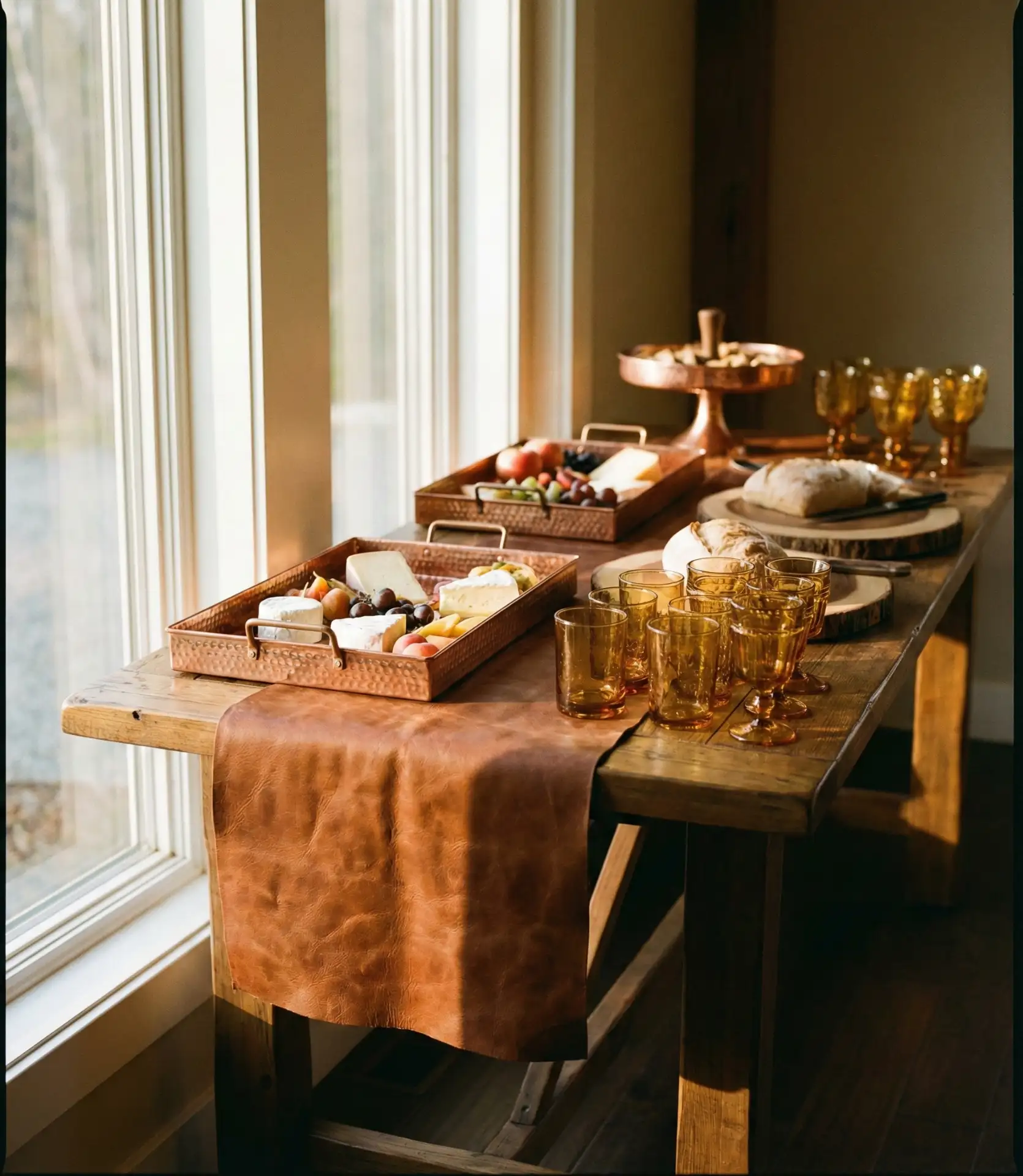 Brown Leather Runner with Copper Serveware 1