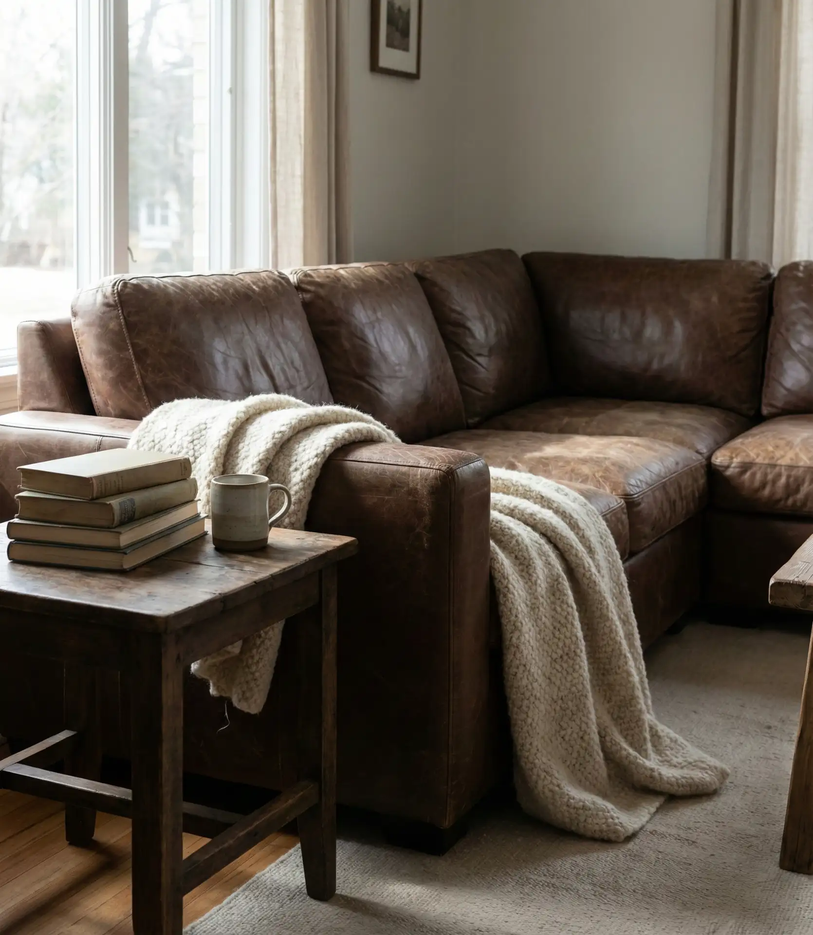 Brown Leather Sectional with Vintage Warmth 1