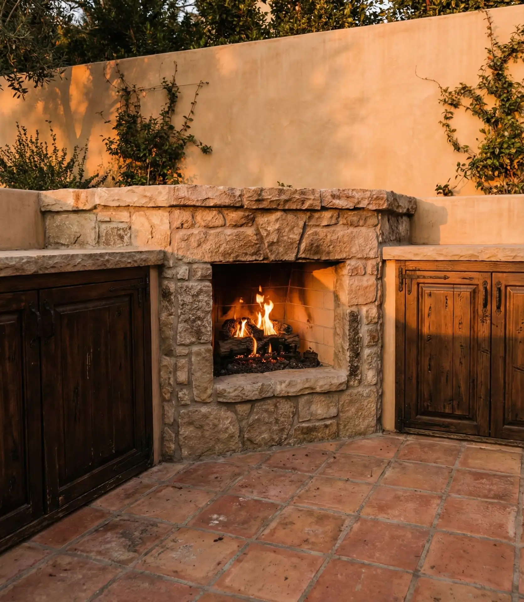 Built-In Corner Fire Feature with Storage Cabinets 1