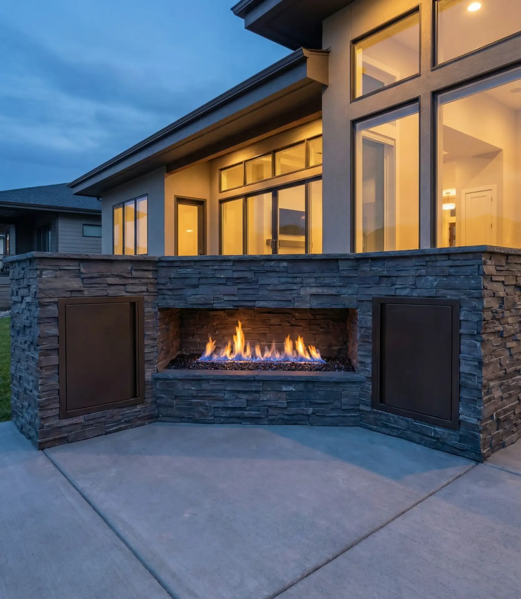 Built-In Corner Fire Feature with Storage Cabinets 2