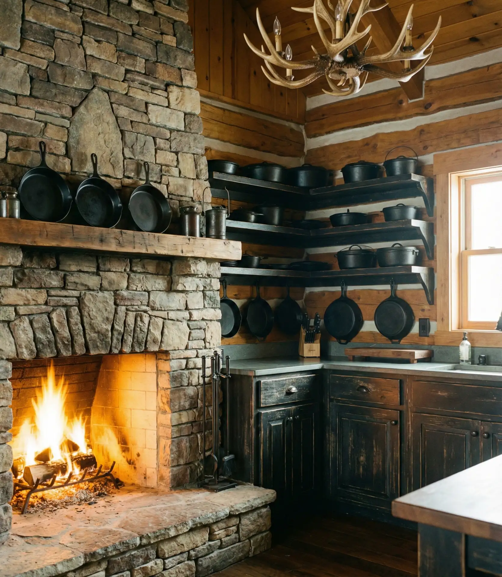 Cabin Kitchen with Stone Fireplace Focal Point 2