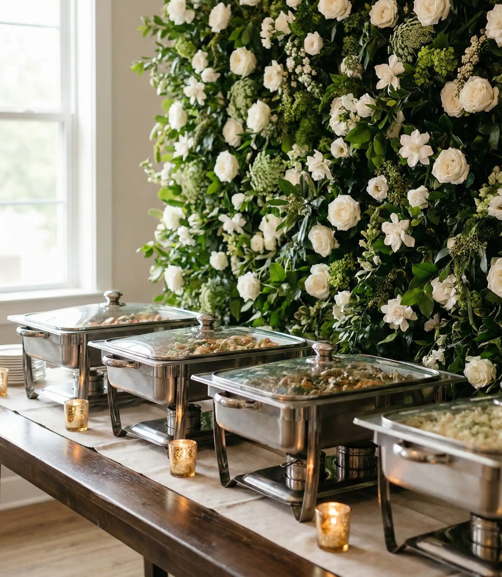 Catering-Style Chafing Dishes with Floral Backdrop 1