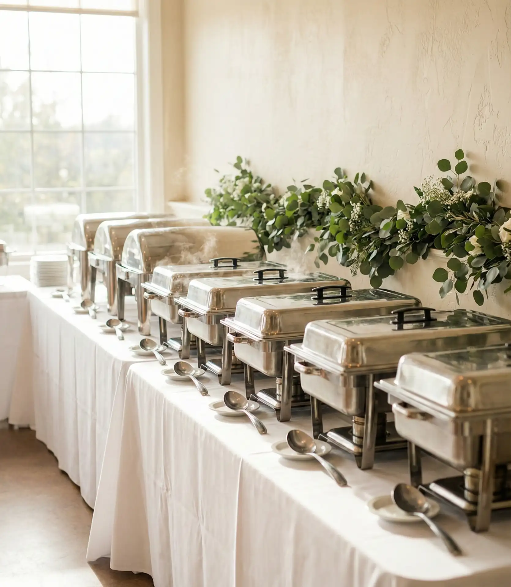 Catering-Style Chafing Dishes with Floral Backdrop 2