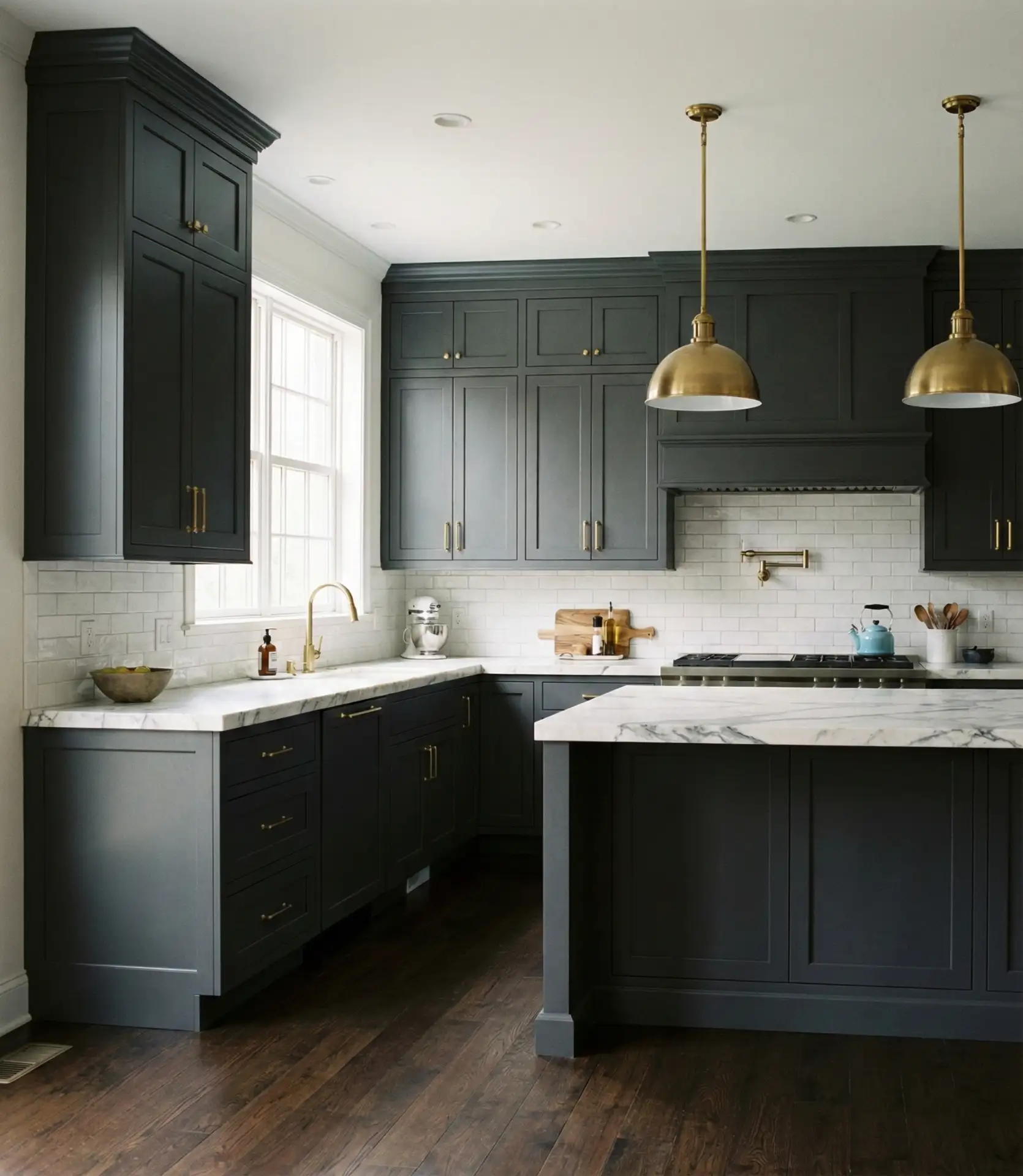 Charcoal Gray Cabinets with Marble Countertops 1
