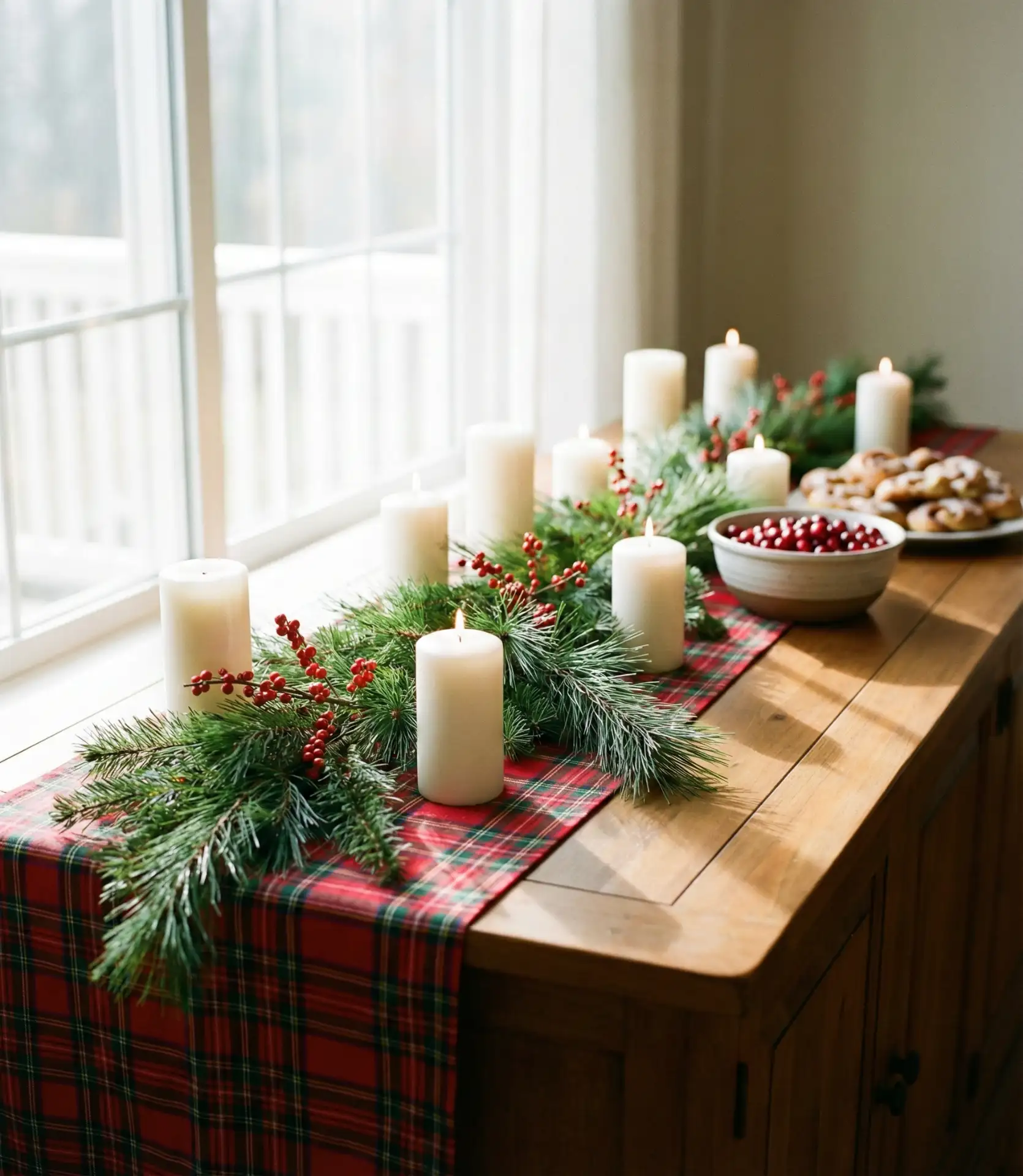 Christmas Red Plaid Runner with Evergreen Garland 1