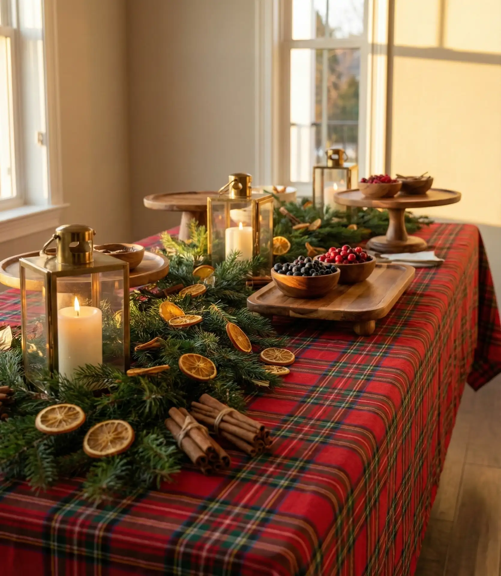Christmas Red Plaid Runner with Evergreen Garland 2