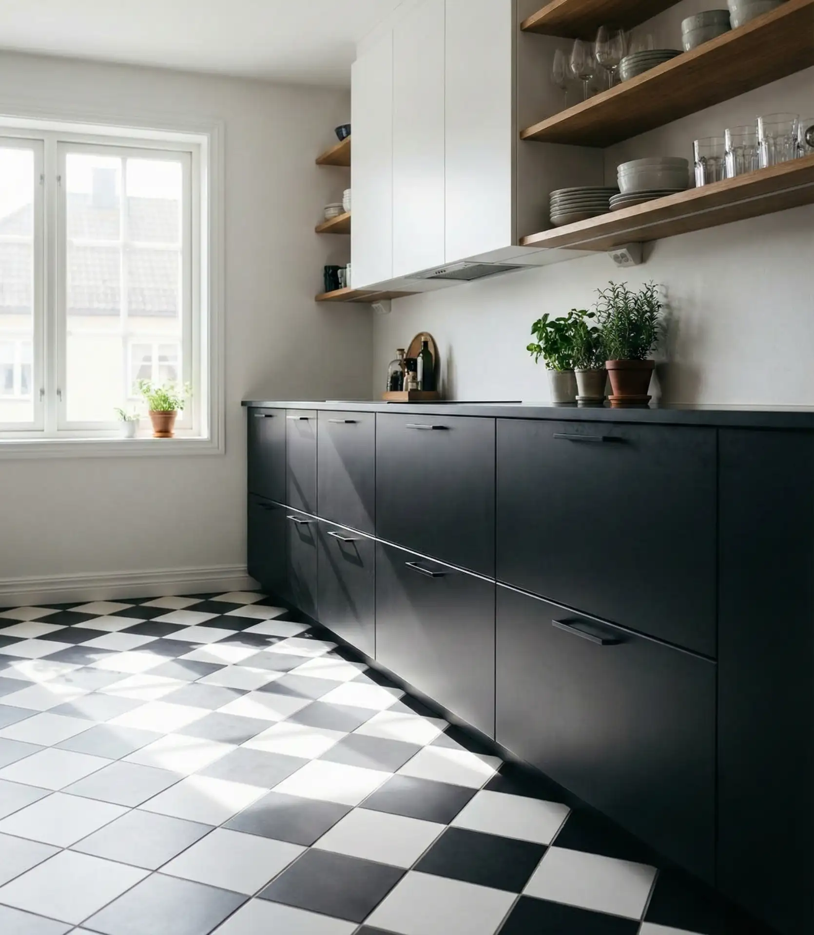 Classic Checkered Floor Tiles with Modern Cabinets 1
